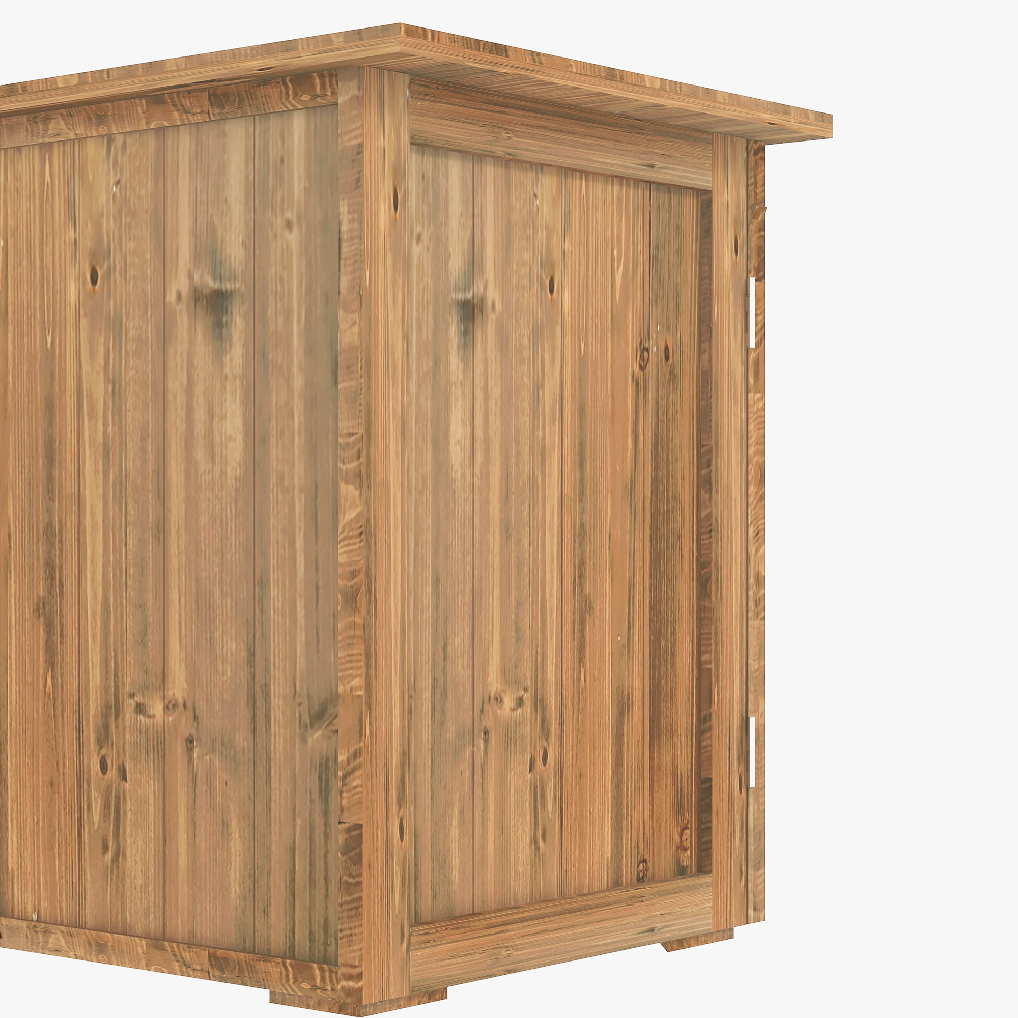Armario de madera de color marrón claro. El armario está hecho de tablas de madera verticales y tiene un diseño simple.