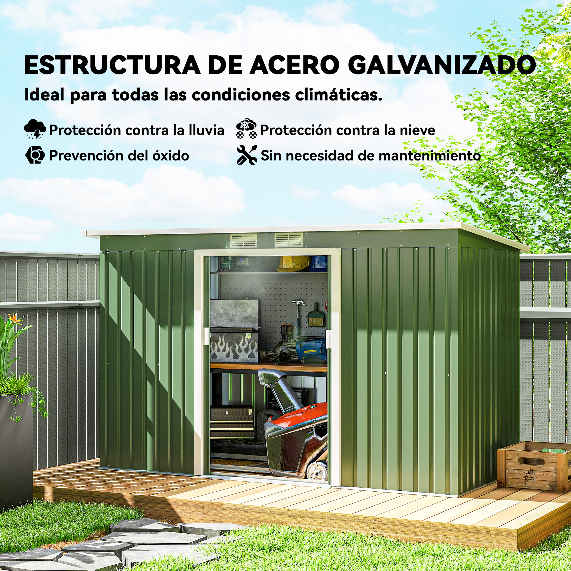 Cobertizo metálico verde con puerta abierta, que muestra herramientas y un vehículo rojo en el interior. Sobre una cubierta de madera, con una valla al fondo.