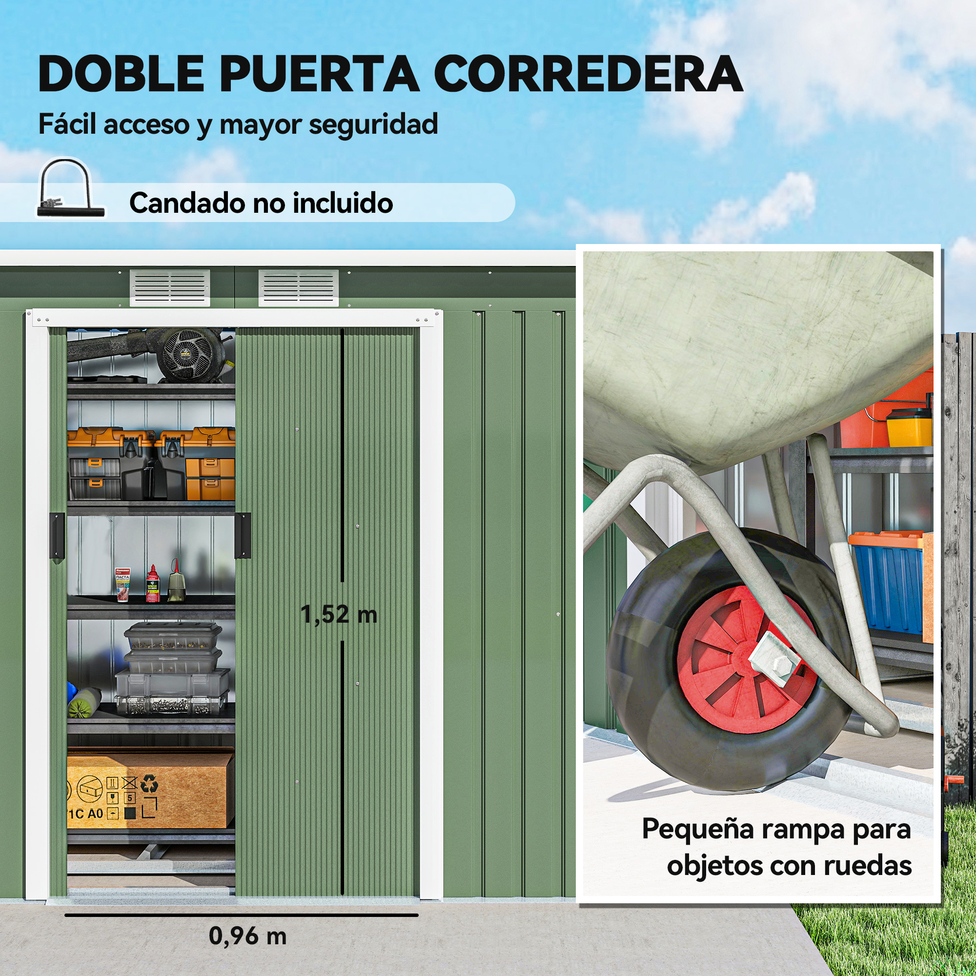 Puerta corredera verde con almacenamiento interior. Una carretilla está a la derecha. Texto: Doble puerta corredera. Fácil acceso y seguridad.