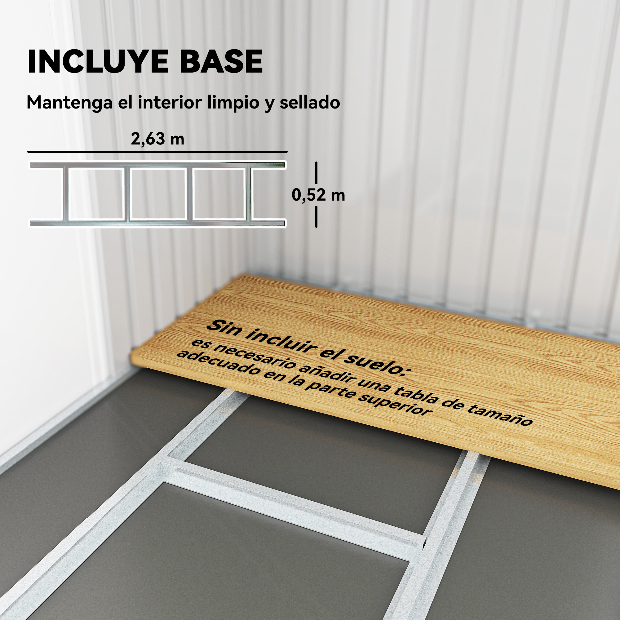 Diagrama de una estructura base con medidas y una tabla de madera. Texto español describe la necesidad de agregar una mesa.