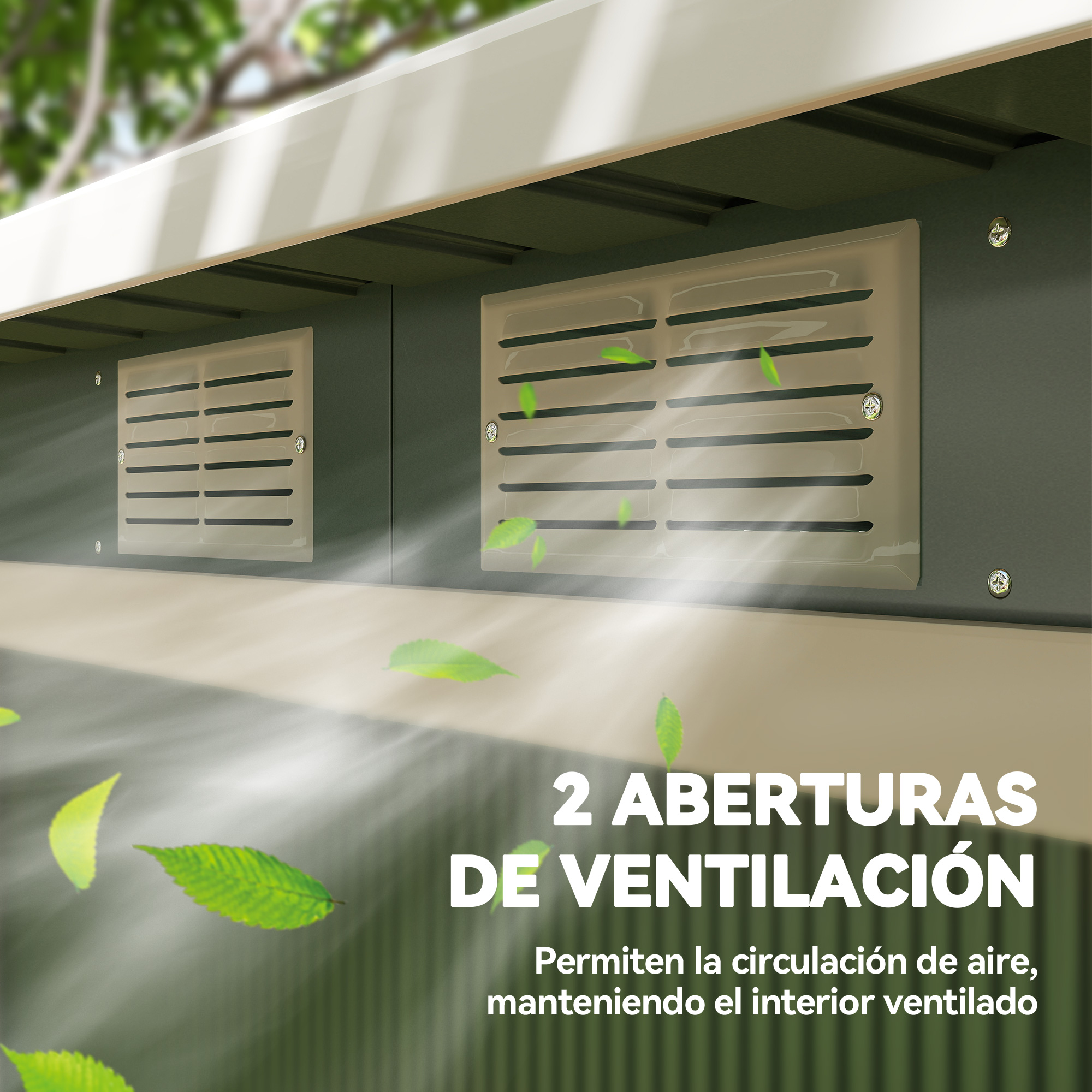 La imagen muestra dos aberturas de ventilación. Hojas verdes flotan en el aire. El texto dice '2 aberturas de ventilación'.