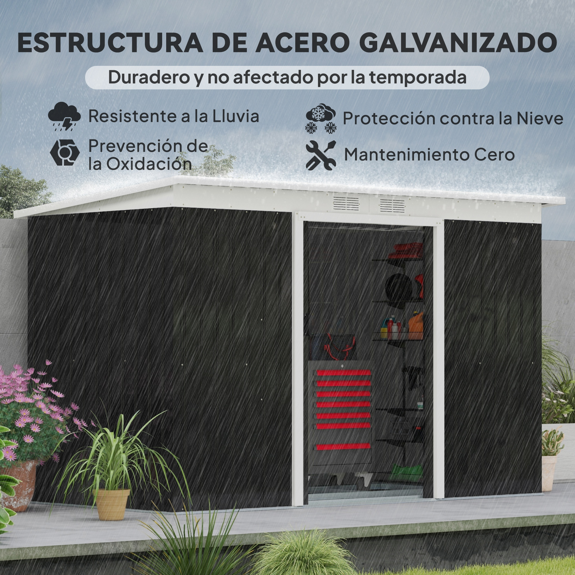 Cobertizo metálico bajo la lluvia, con techo blanco y paredes negras. El texto destaca sus características: lluvia, nieve, óxido y mantenimiento.