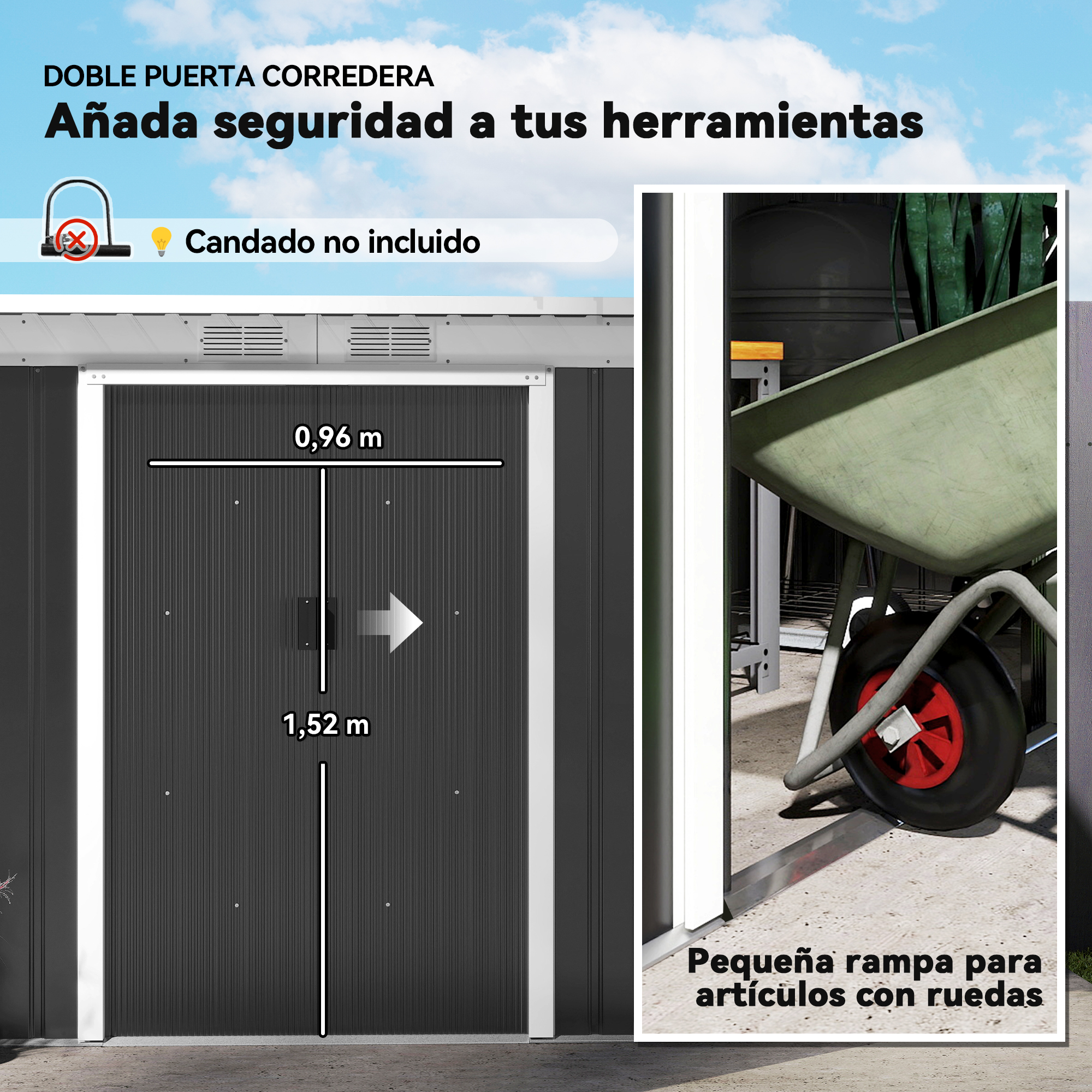 Se muestra un cobertizo con puerta corredera, con una carretilla dentro. Se muestran las dimensiones. El texto dice 'Añadir seguridad'.