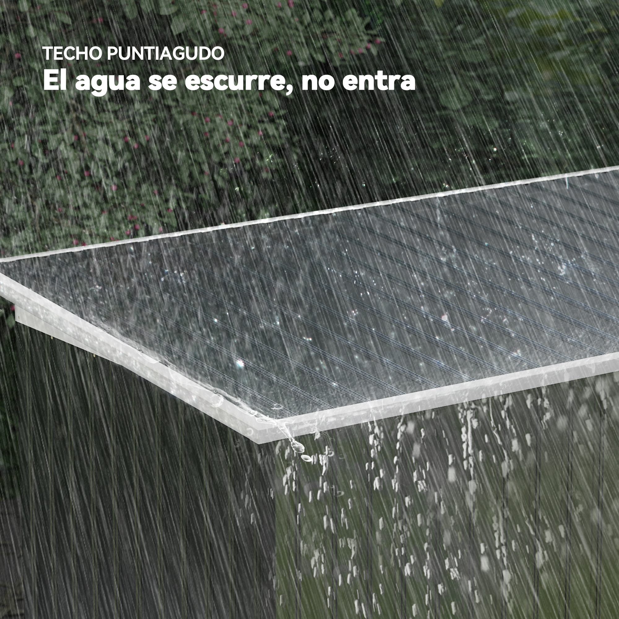 Lluvia cayendo sobre un techo claro. Fondo verde. Texto: Techo inclinado. El agua se desliza, no entra.