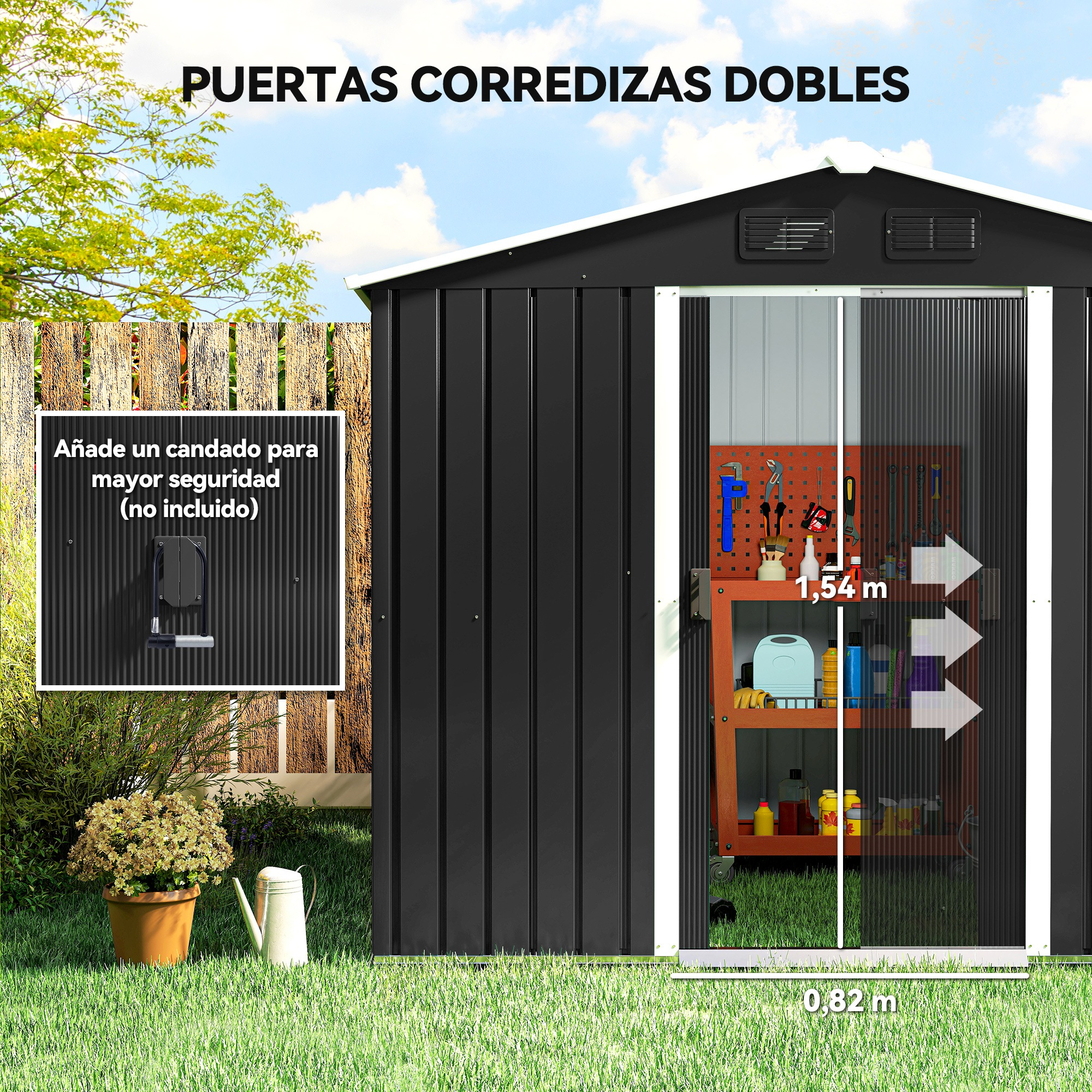 Cobertizo negro con puertas correderas dobles. Incluye una sugerencia de cerradura. Hierba en primer plano, herramientas dentro.