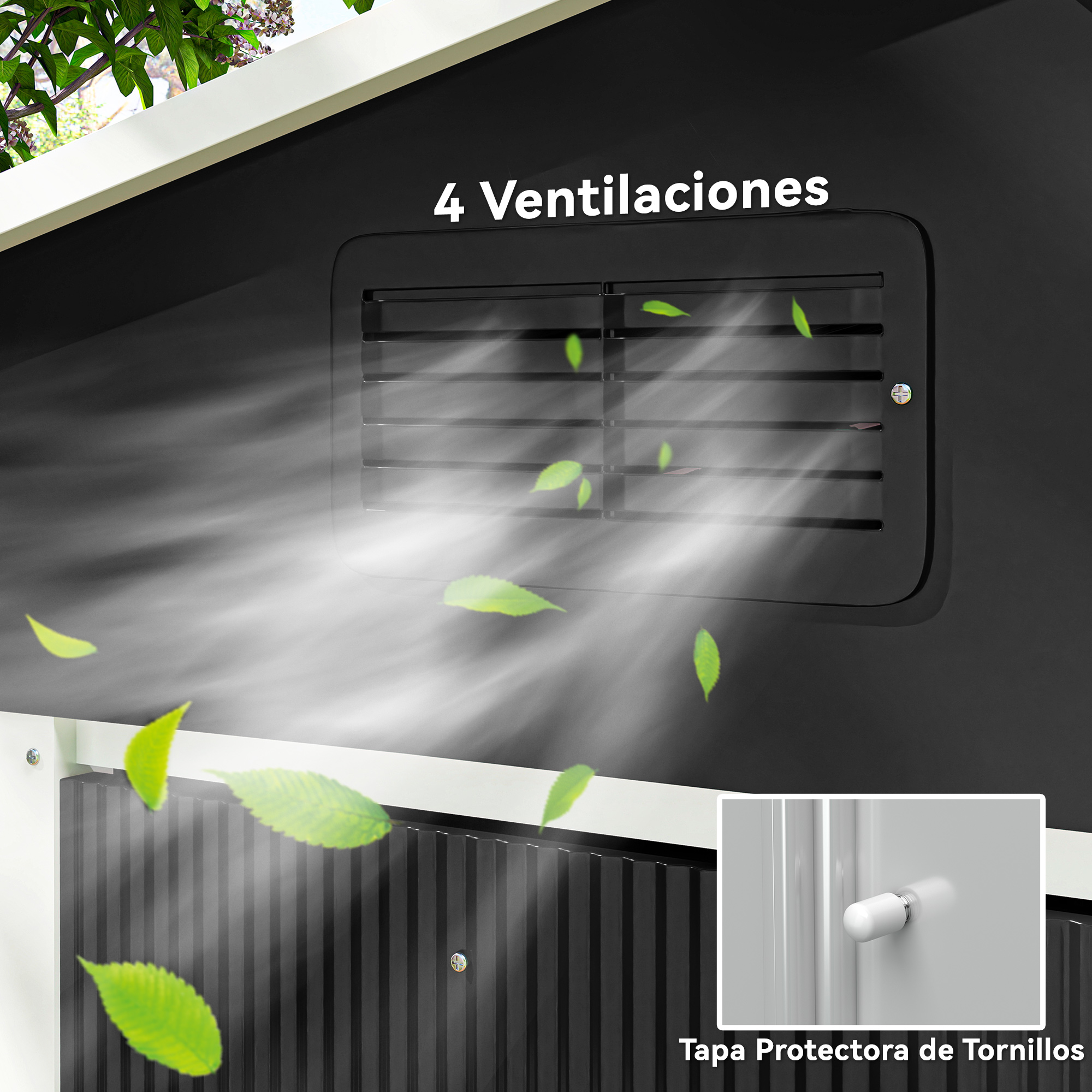 Ventilación negra con hojas verdes y texto '4 Ventilaciones'. Vapor blanco y una cubierta de tornillo también presentes.