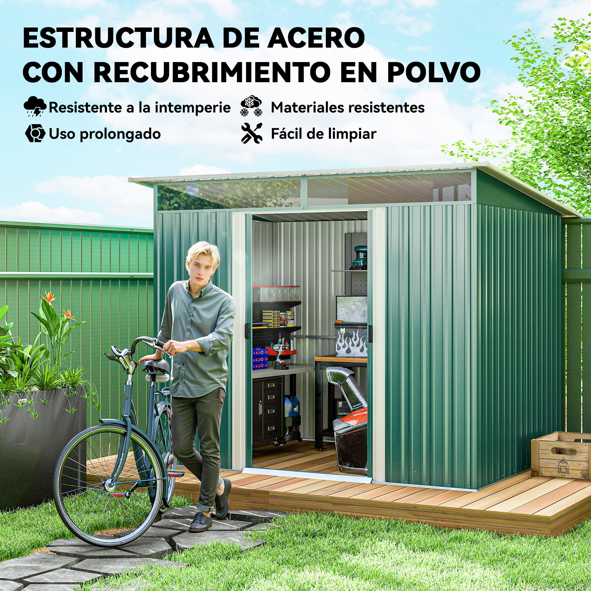 Un hombre está junto a un cobertizo, sosteniendo una bicicleta. El cobertizo es verde con una cubierta de madera. El texto dice: estructura de acero.