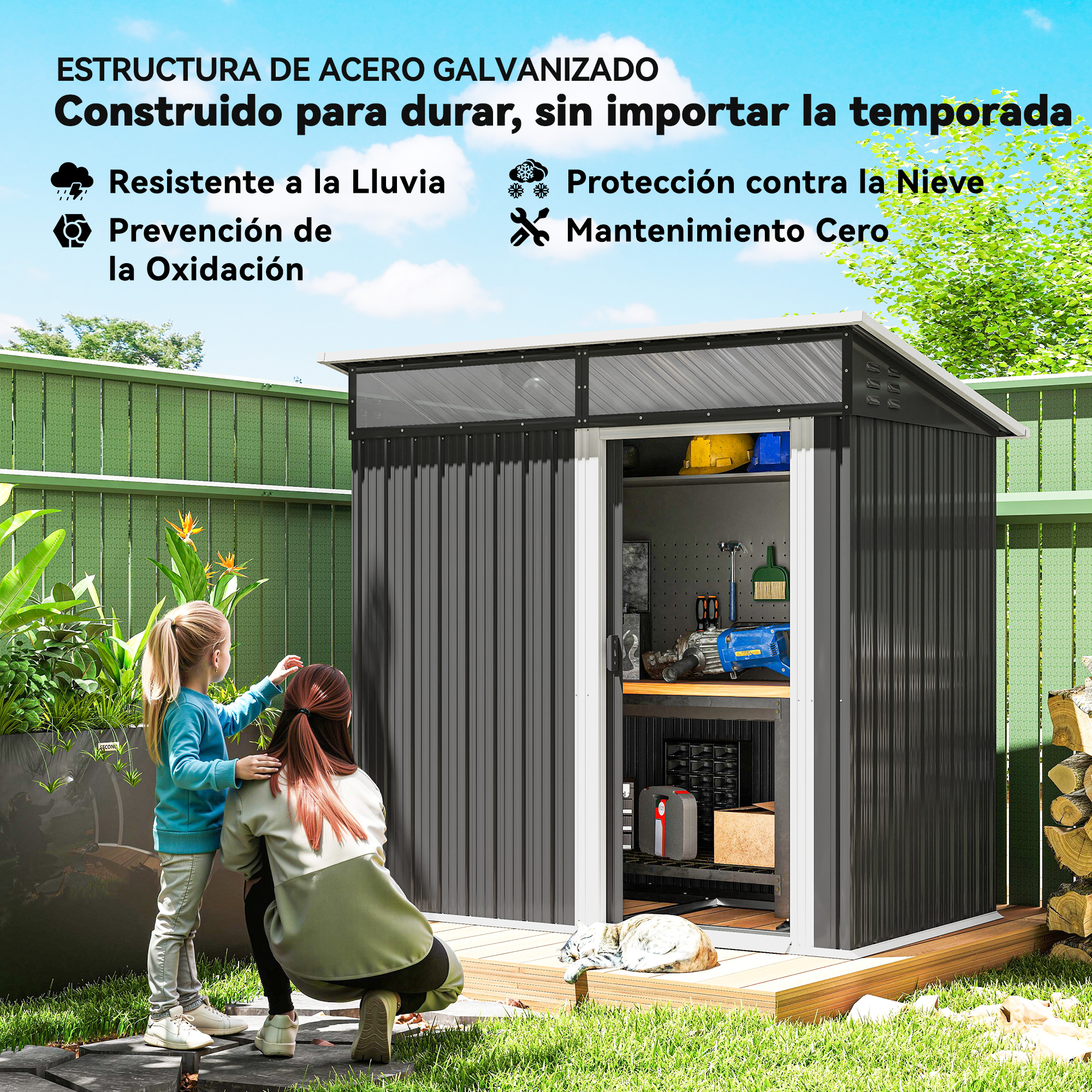 Un cobertizo metálico con una mujer y un niño delante. Incluye texto sobre protección contra el clima y el óxido.