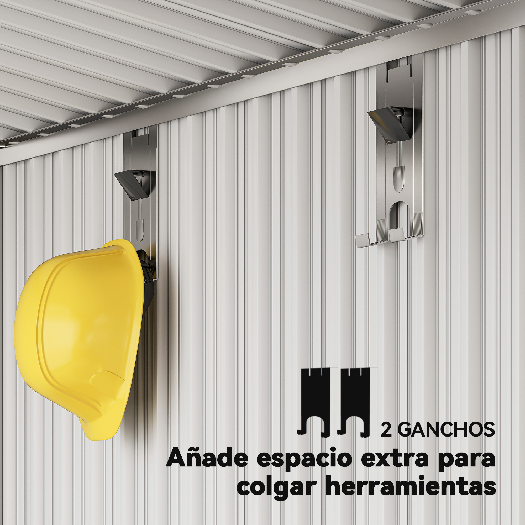 Casco amarillo colgado de un gancho metálico. El fondo es una pared blanca corrugada. Texto: 2 ganchos, añade espacio extra para colgar herramientas.