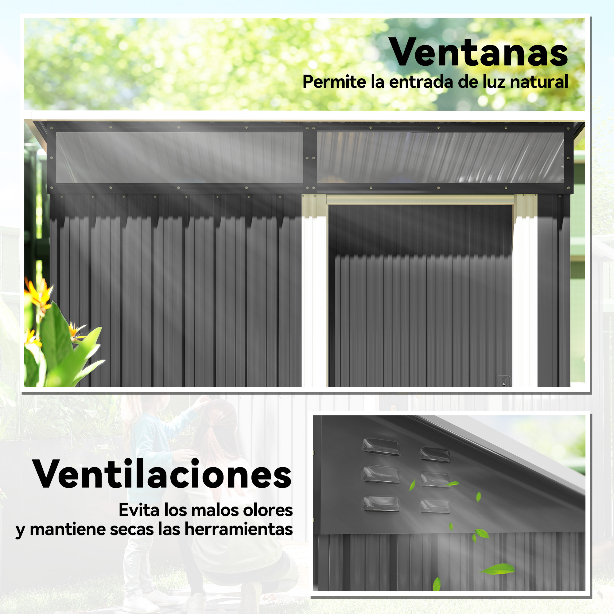 Se muestra un cobertizo de metal con ventilación y ventanas. El texto dice que evita los malos olores y mantiene las herramientas secas.
