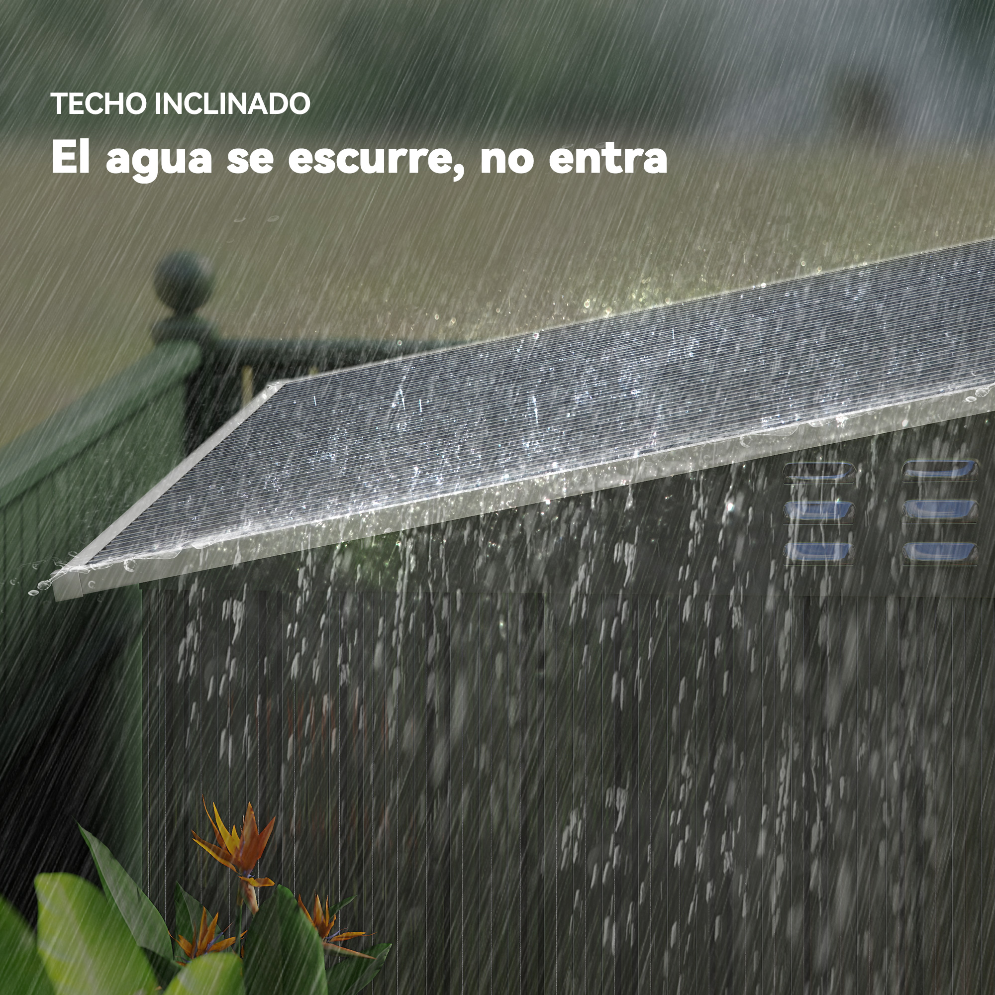 La lluvia cae sobre el techo de un cobertizo. El agua corre por el techo. Flores tropicales en primer plano.