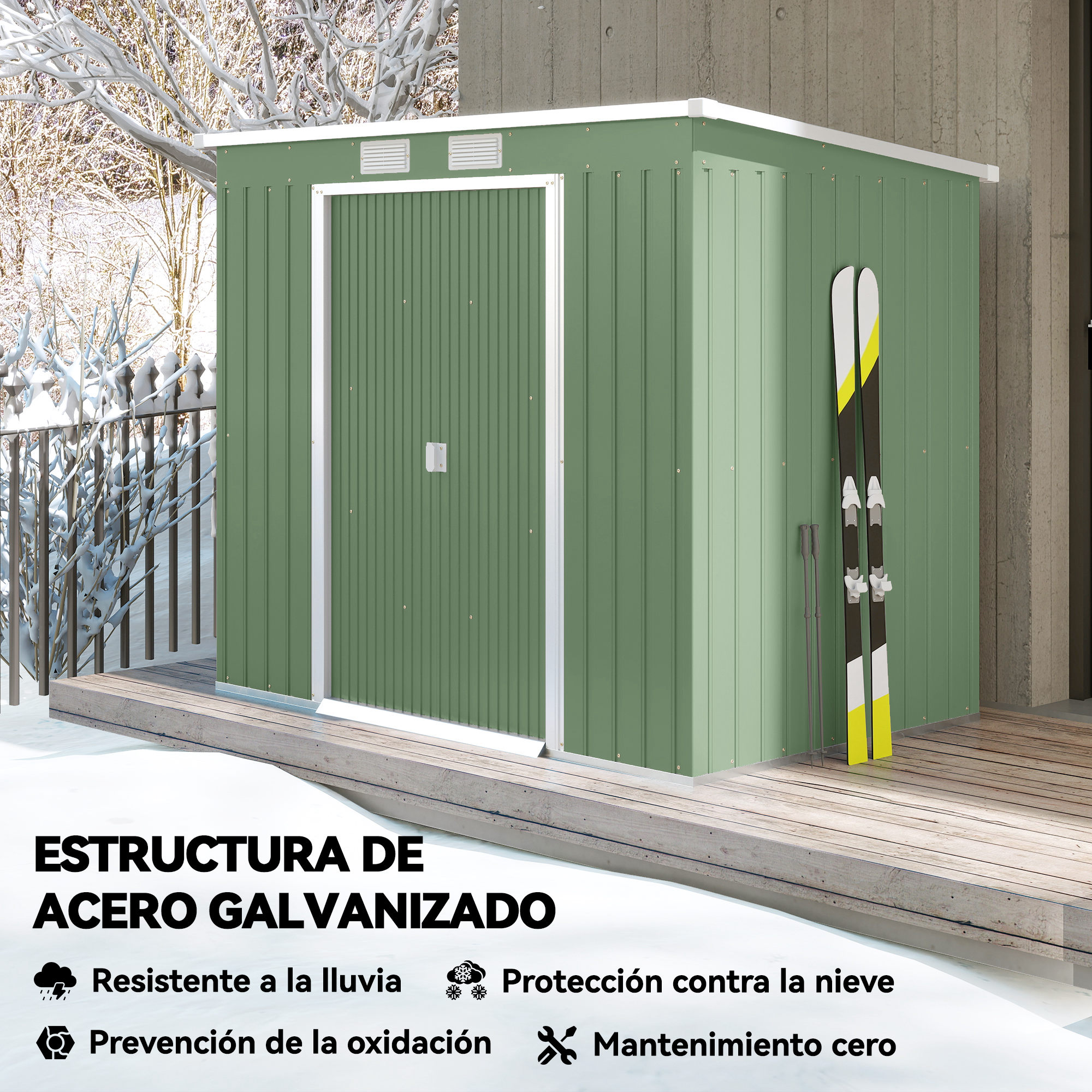 Un cobertizo de metal verde con esquís y bastones. La nieve cubre el suelo y los árboles circundantes. El texto dice: estructura de acero galvanizado.