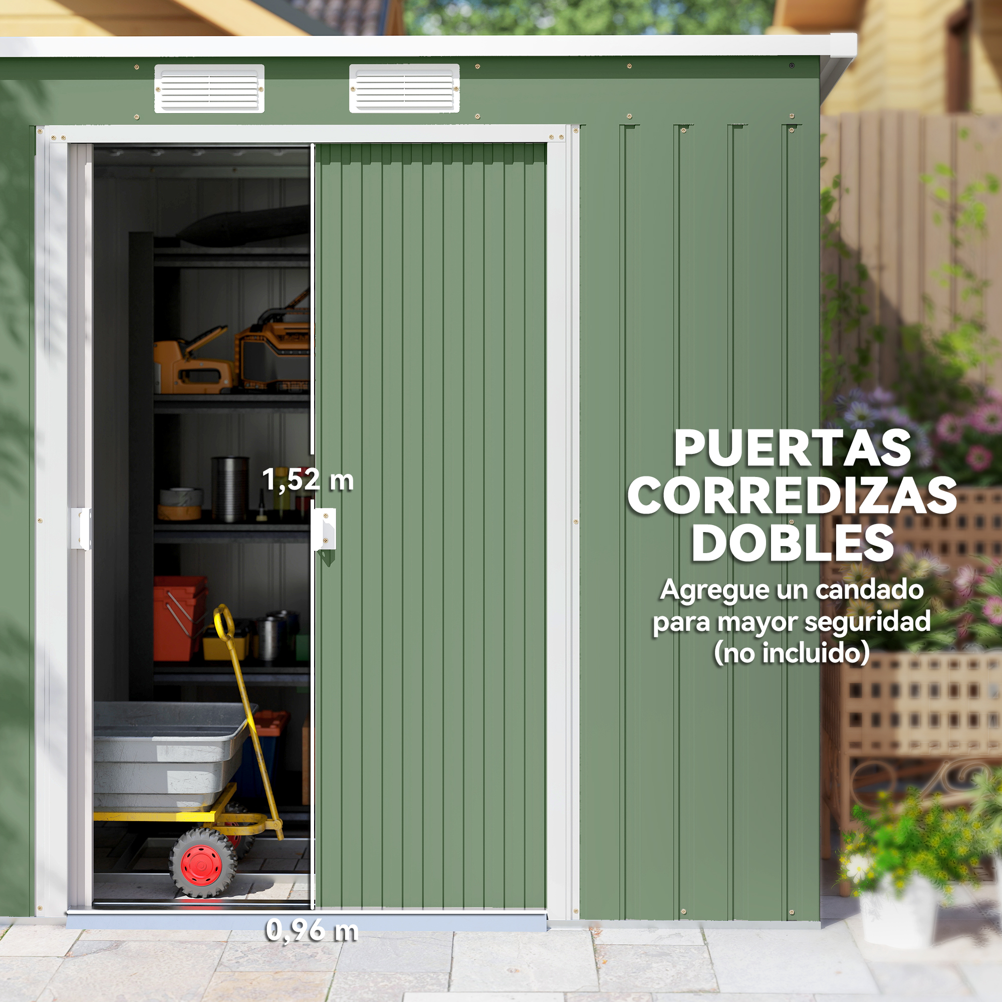 Cobertizo verde con puertas correderas. Dentro hay estanterías con herramientas y un carrito. Texto en español. Se incluyen dimensiones.