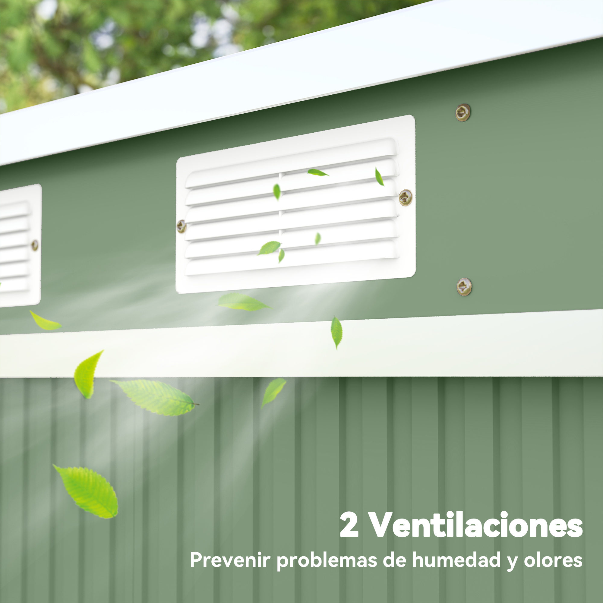 Cobertizo verde con respiraderos blancos. Las hojas soplan alrededor de los respiraderos. El texto dice: 2 ventilaciones. Prevenir la humedad y los olores.