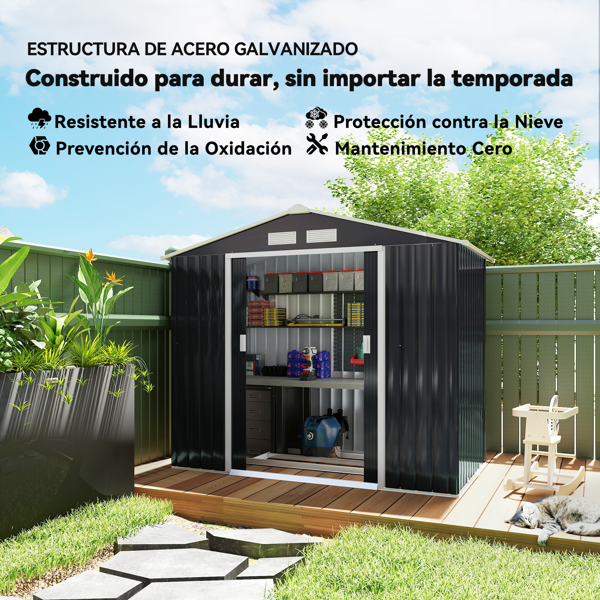 Cobertizo de metal negro en un jardín. Incluye texto sobre durabilidad y resistencia al clima. Un gato duerme en la cubierta de madera.