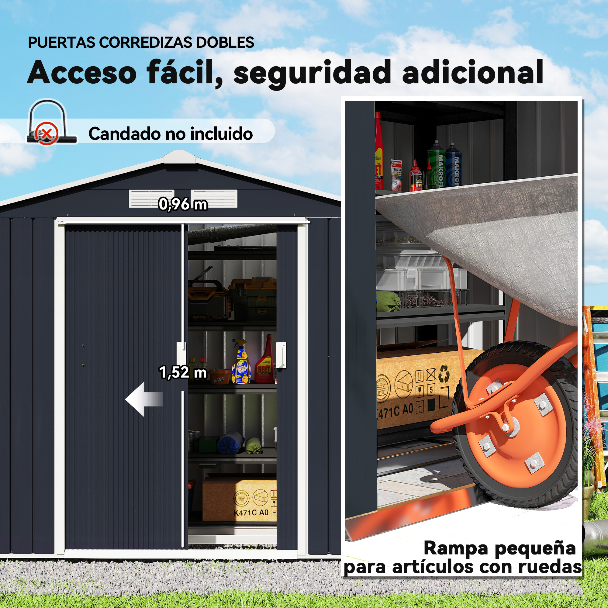 Se muestra un cobertizo oscuro con puertas correderas. Delante hay una carretilla naranja. El texto dice: acceso fácil, seguridad adicional.