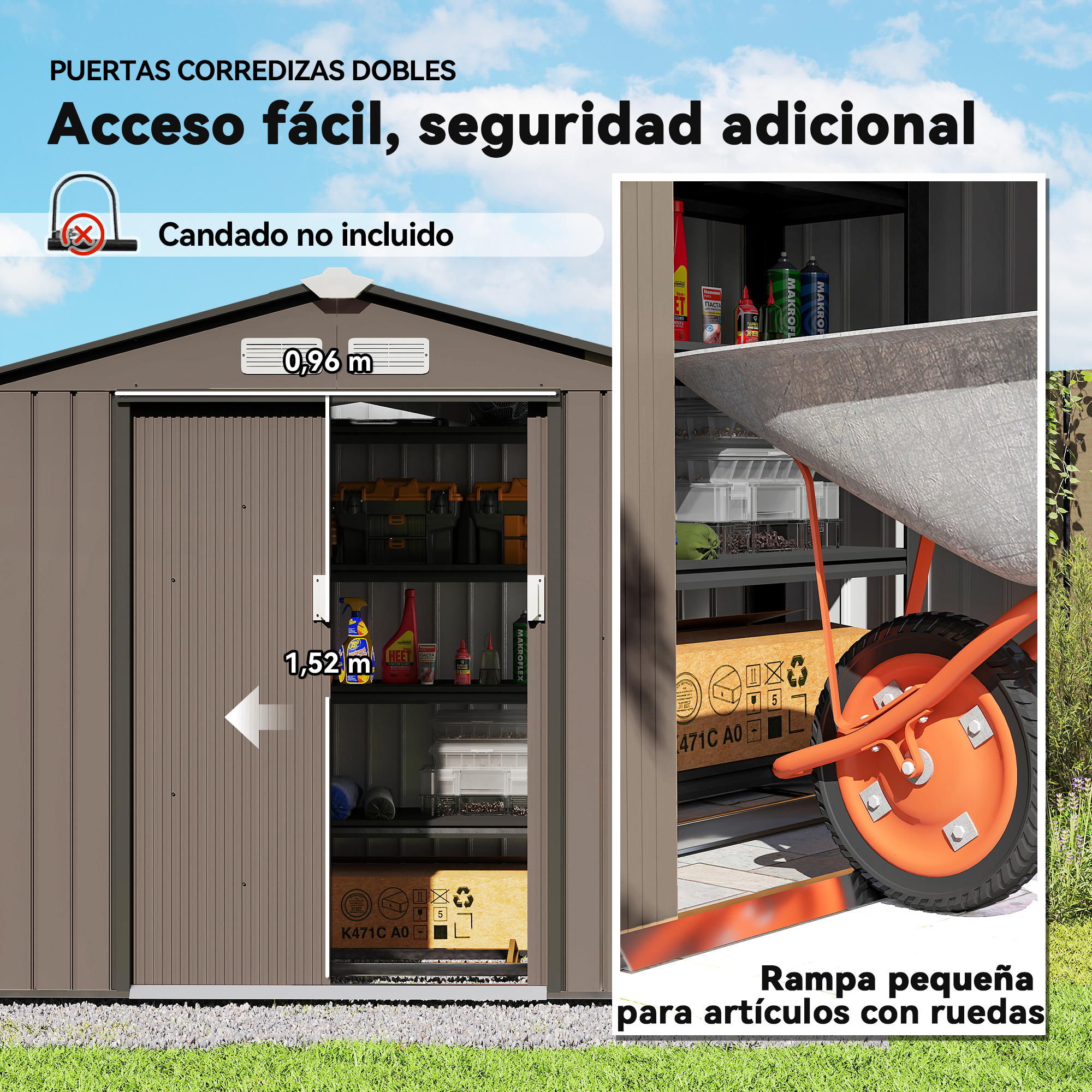 Un cobertizo marrón con la puerta abierta. Dentro hay estantes con objetos. Una carretilla naranja al frente.