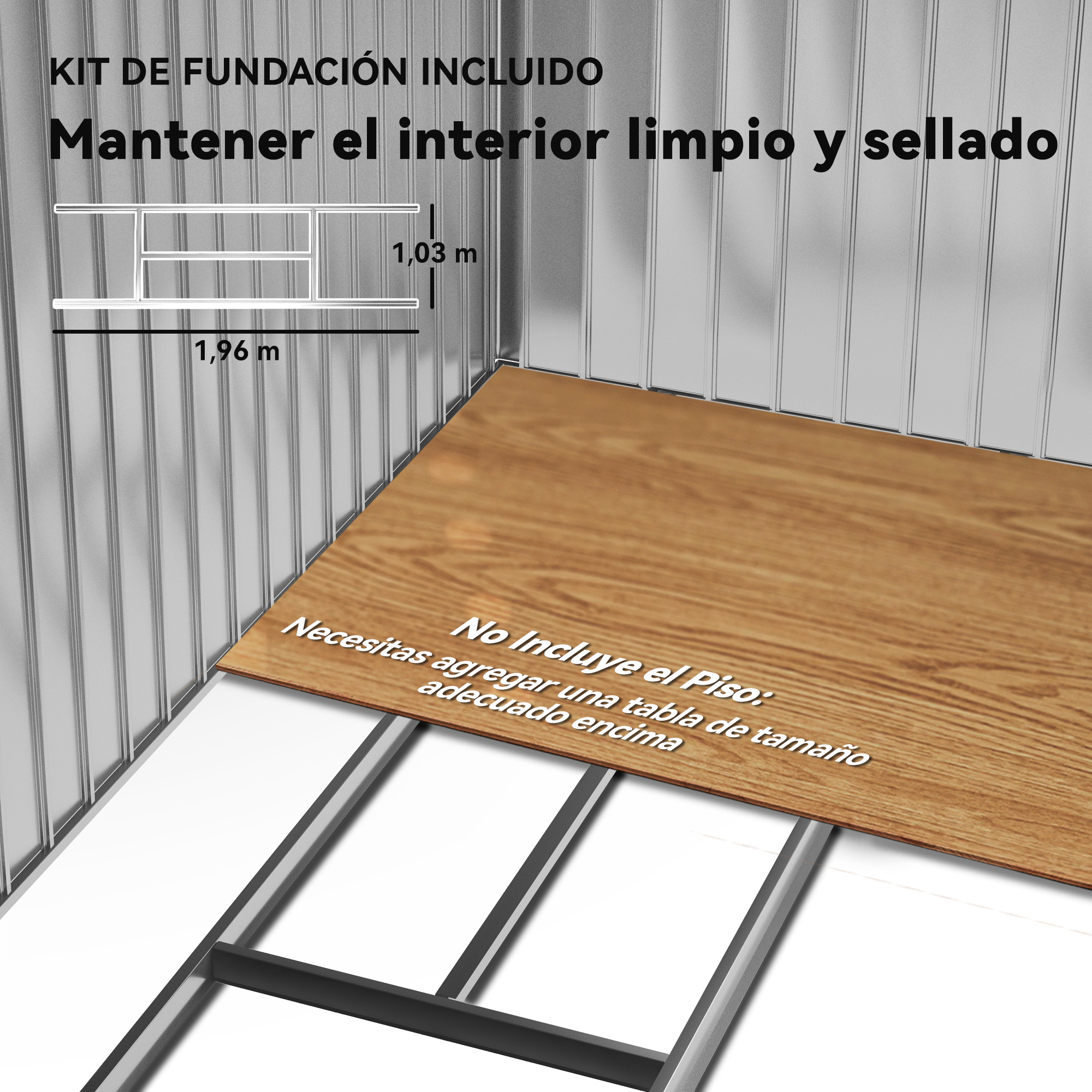 Diagrama de un kit de cimientos con dimensiones. Incluye texto en español y una muestra de suelo de madera.
