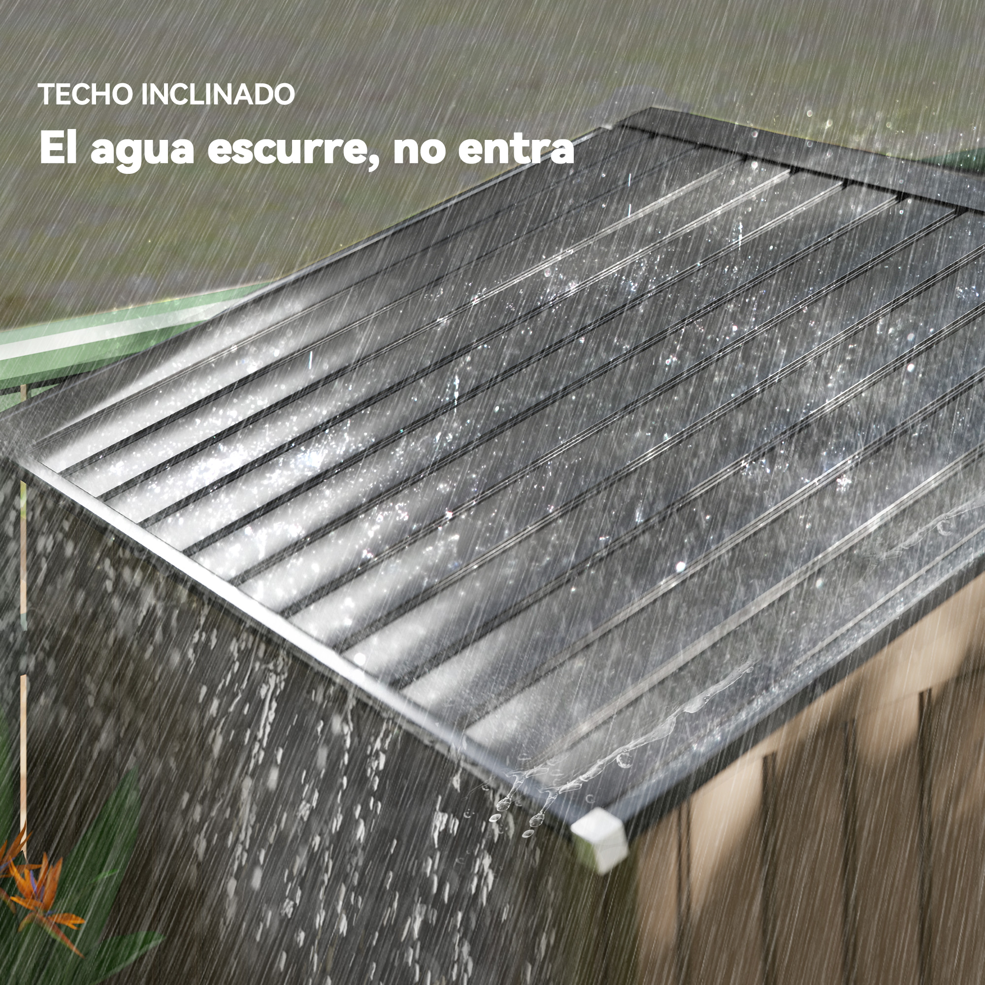 Techo inclinado con lluvia. El agua escurre. El techo tiene líneas paralelas. El fondo incluye follaje y madera.