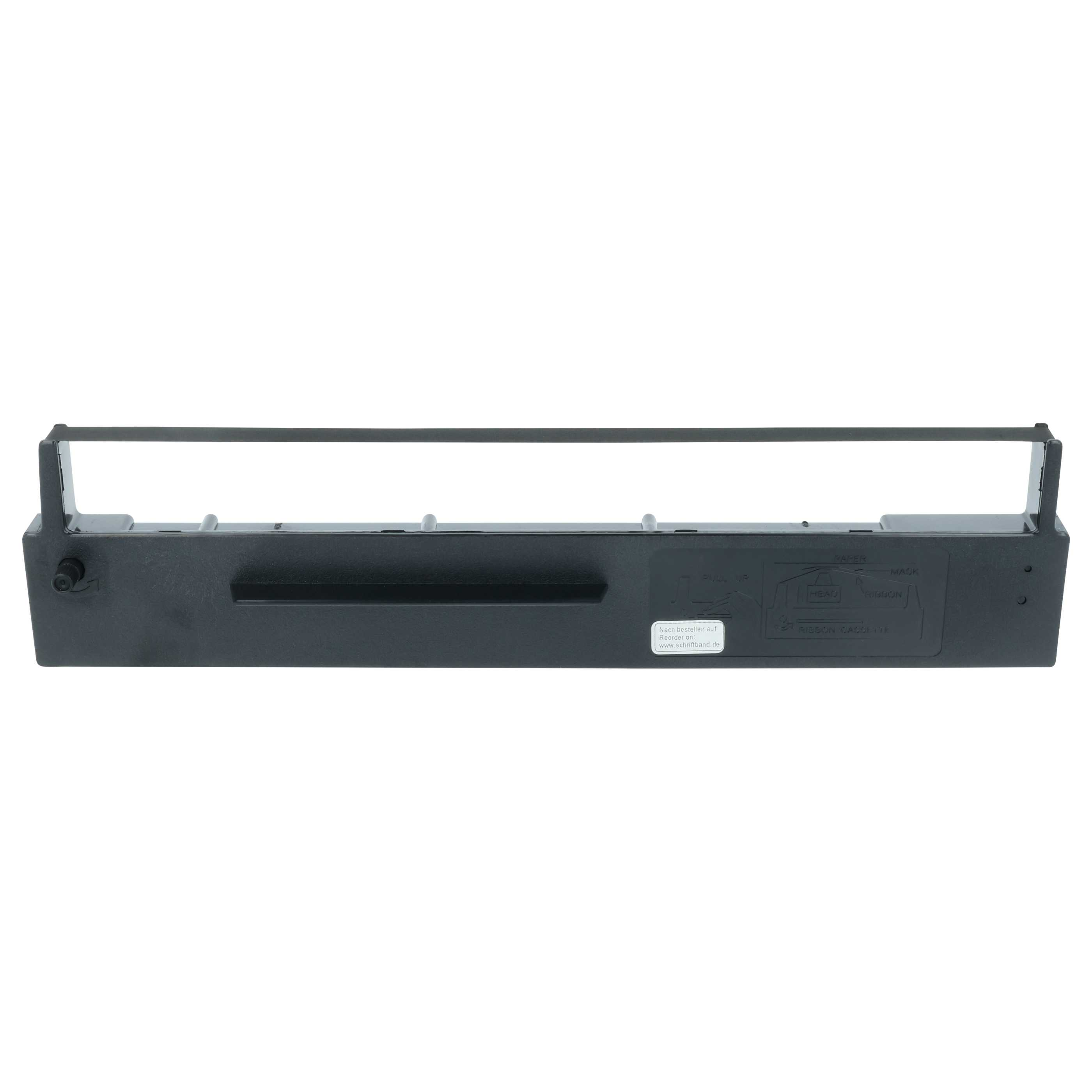 Eine schwarze Druckerbandkassette. Sie ist rechteckig mit einem Etikett und einer Zeichnung darauf. Weißer Hintergrund.