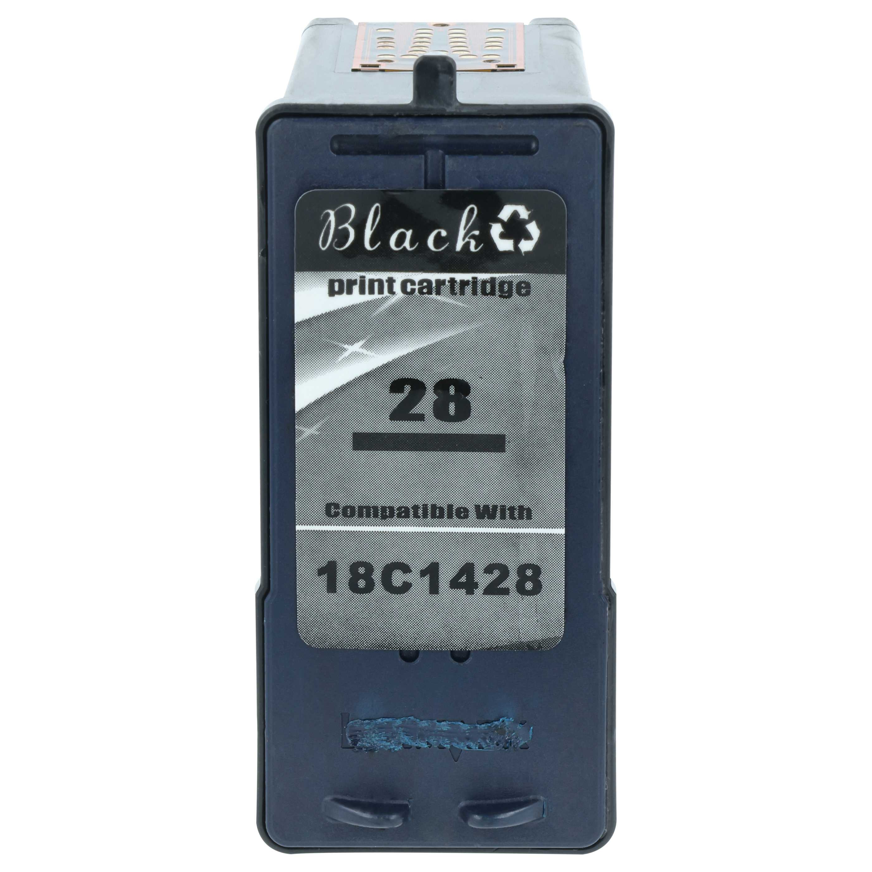 Eine schwarze Druckpatrone mit der Aufschrift 'Black print cartridge 28 compatible with 18C1428' auf weißem Hintergrund.