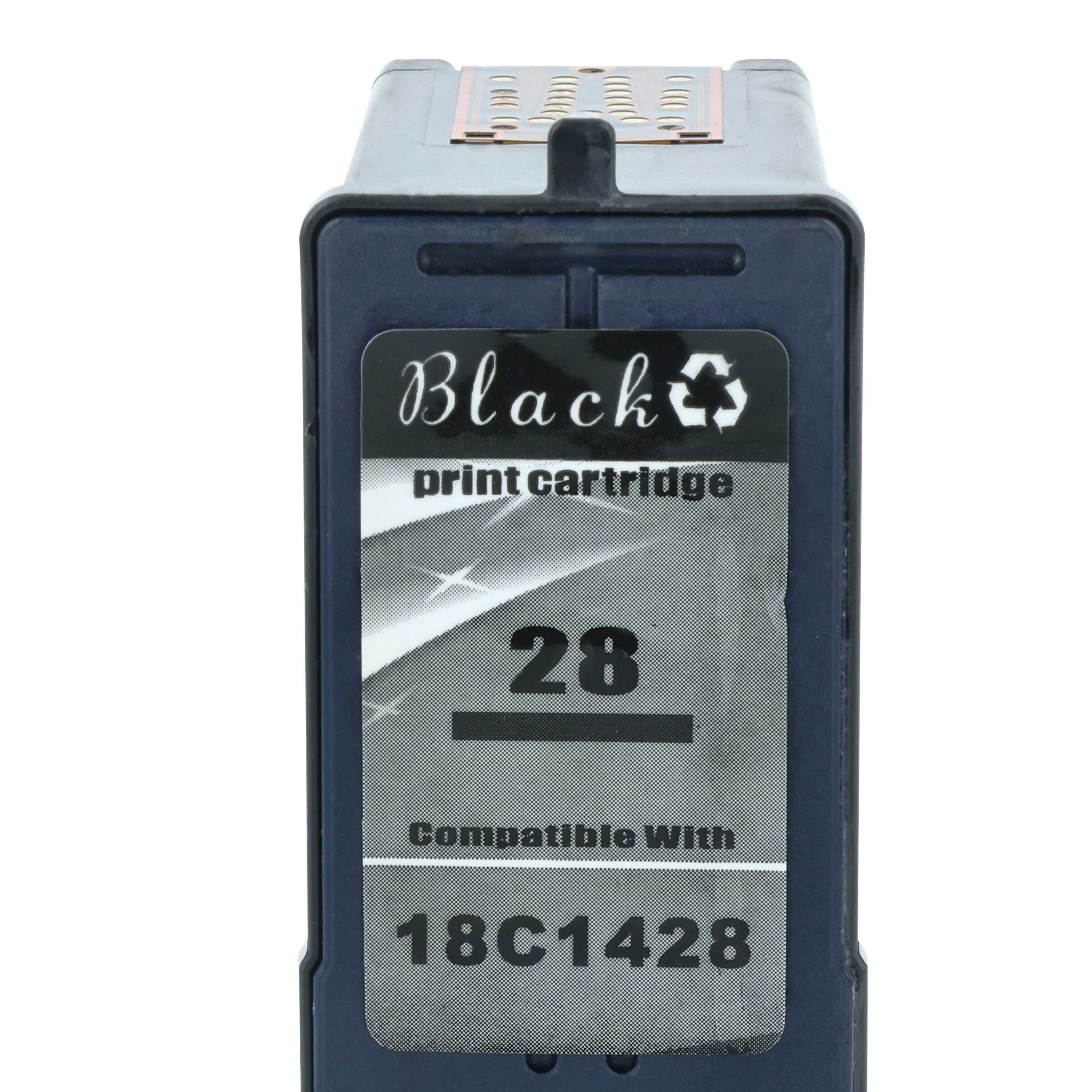 Eine schwarze Druckerpatrone mit der Aufschrift 'Black print cartridge 28'. Kompatibel mit 18C1428. Weißer Hintergrund.