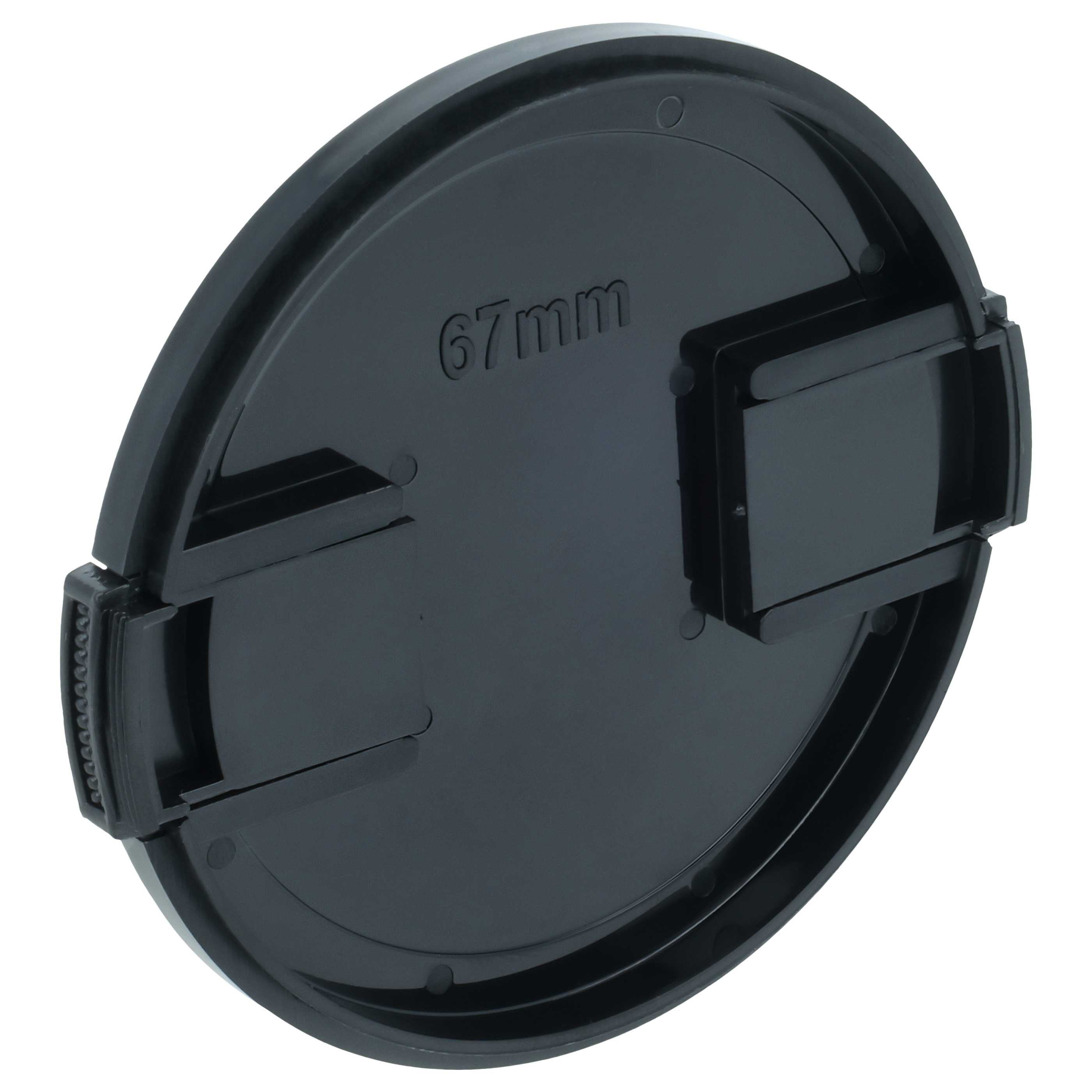 Eine schwarze 67-mm-Objektivkappe. Sie hat eine kreisförmige Form mit Klammern zum Anbringen.