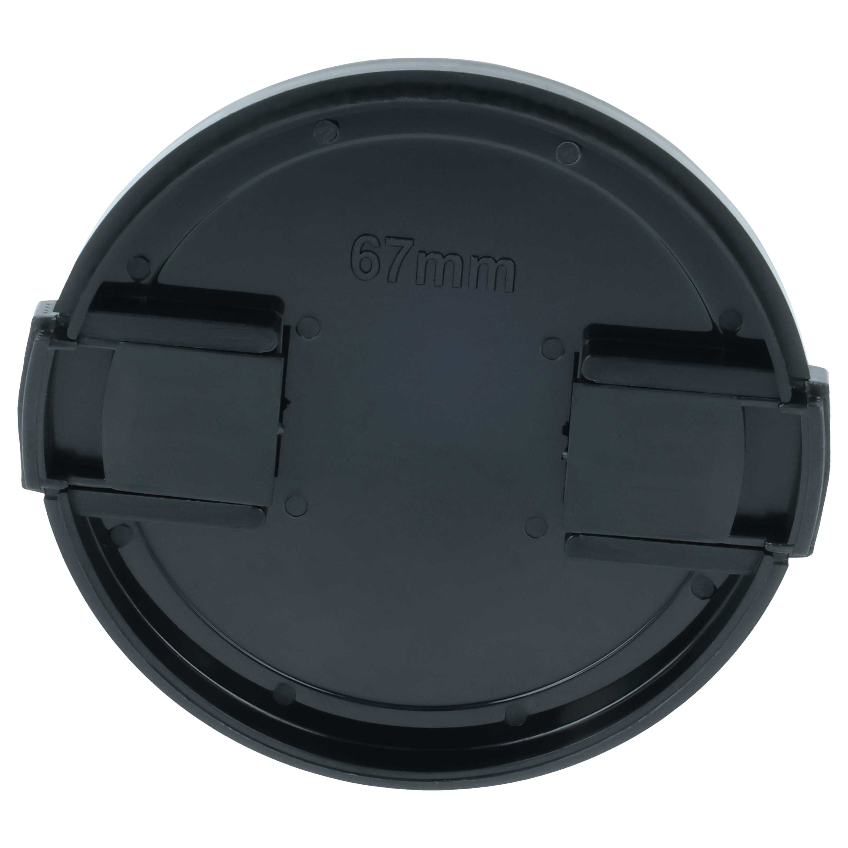 Eine schwarze Objektivkappe mit 67mm Text. Es hat zwei Clips und ein kreisförmiges Design.