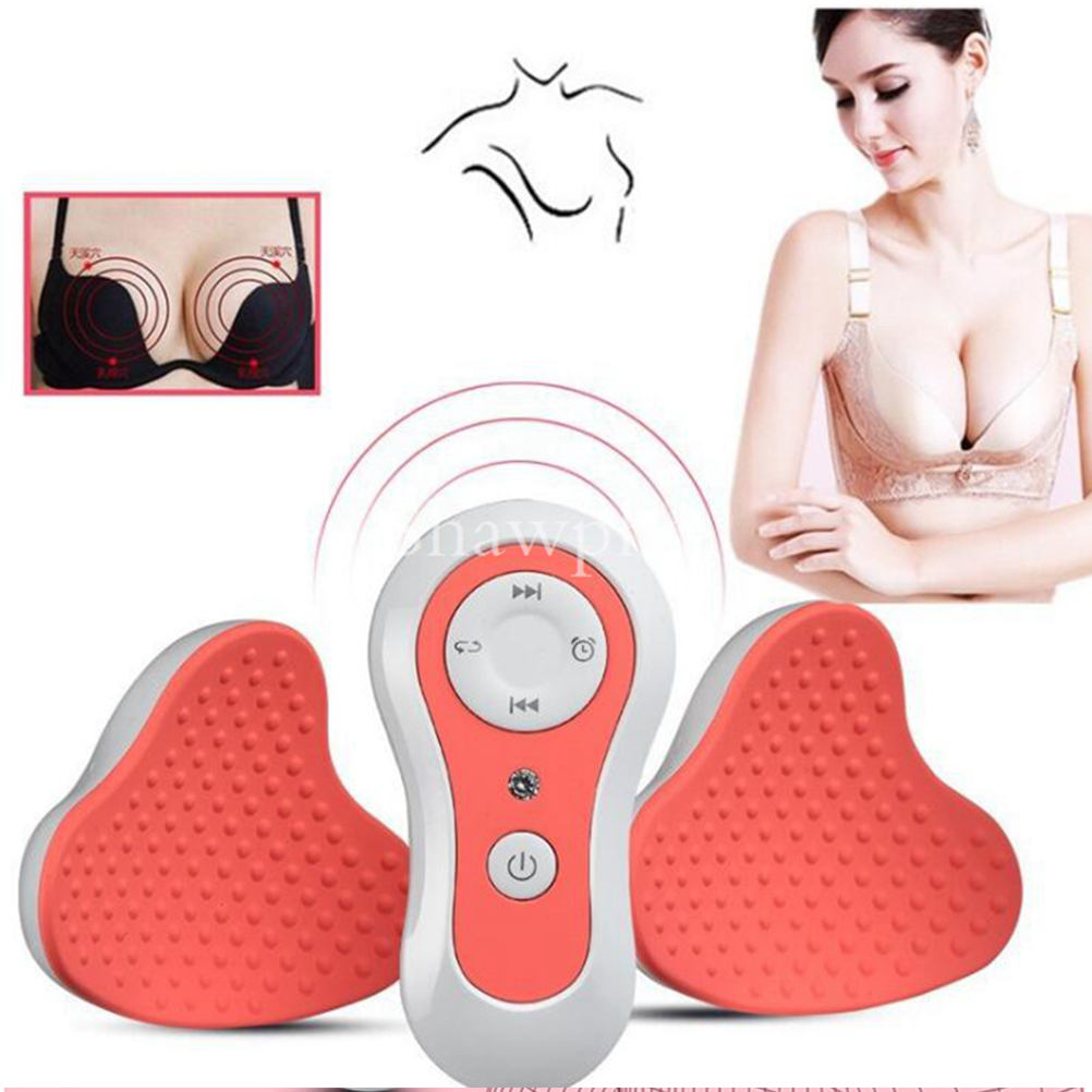 Das Bild zeigt ein Brustvergrößerungsgerät mit Fernbedienung, zwei Pads und einer Frau. Außerdem ein Brustdiagramm und ein kleines Bild eines BHs.