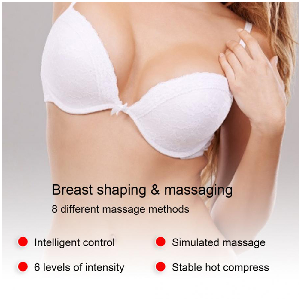 Der Torso einer Frau in weißem BH. Text über Brustformung und Massagemethoden. Merkmale sind intelligente Steuerung und simulierte Massage.