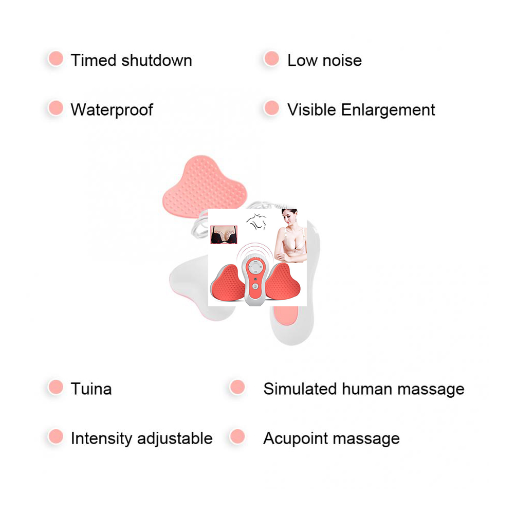 Das Bild zeigt ein Produkt mit Funktionen wie zeitgesteuerter Abschaltung und simulierter Massage. Es enthält ein Gerät und Diagramme mit rosa und weißen Farben.