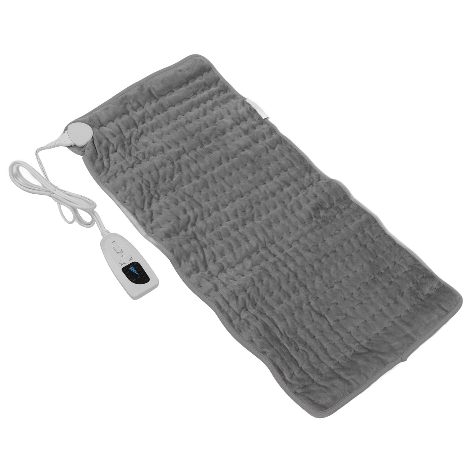 Ein graues Heizkissen mit Bedienfeld und weißem Kabel liegt auf weißem Grund.