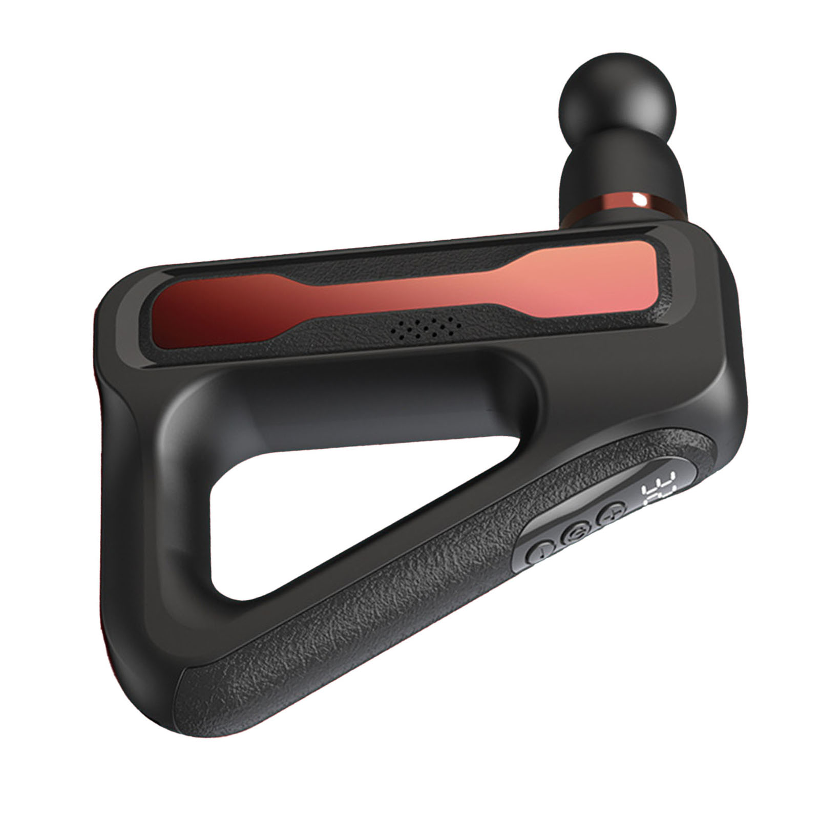 Eine schwarze Massagepistole mit roter Akzentfarbe. Sie hat einen Griff, einen Kopf mit Kugel und Steuertasten.