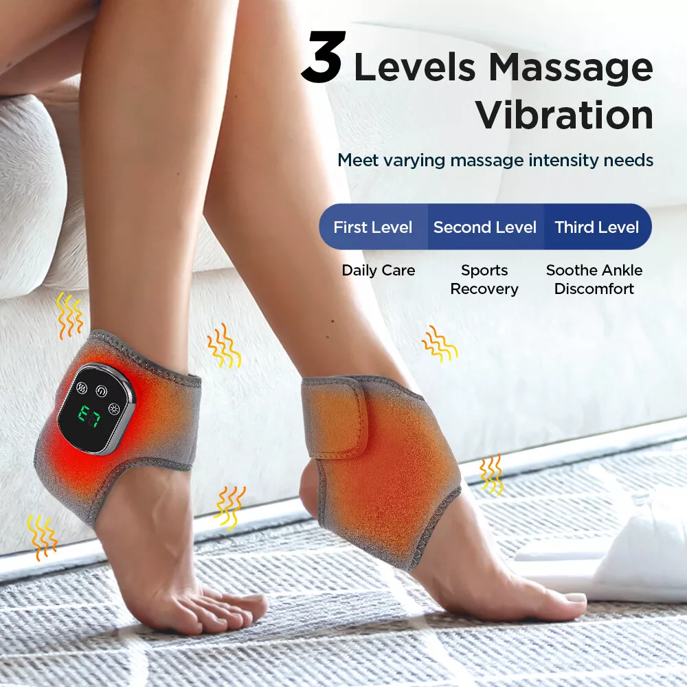 Person trägt Fußmassagegeräte. Die Geräte zeigen drei Vibrationsstufen. Text zeigt Stufen für tägliche Pflege, Sportwiederherstellung und Knöchel Beschwerden.