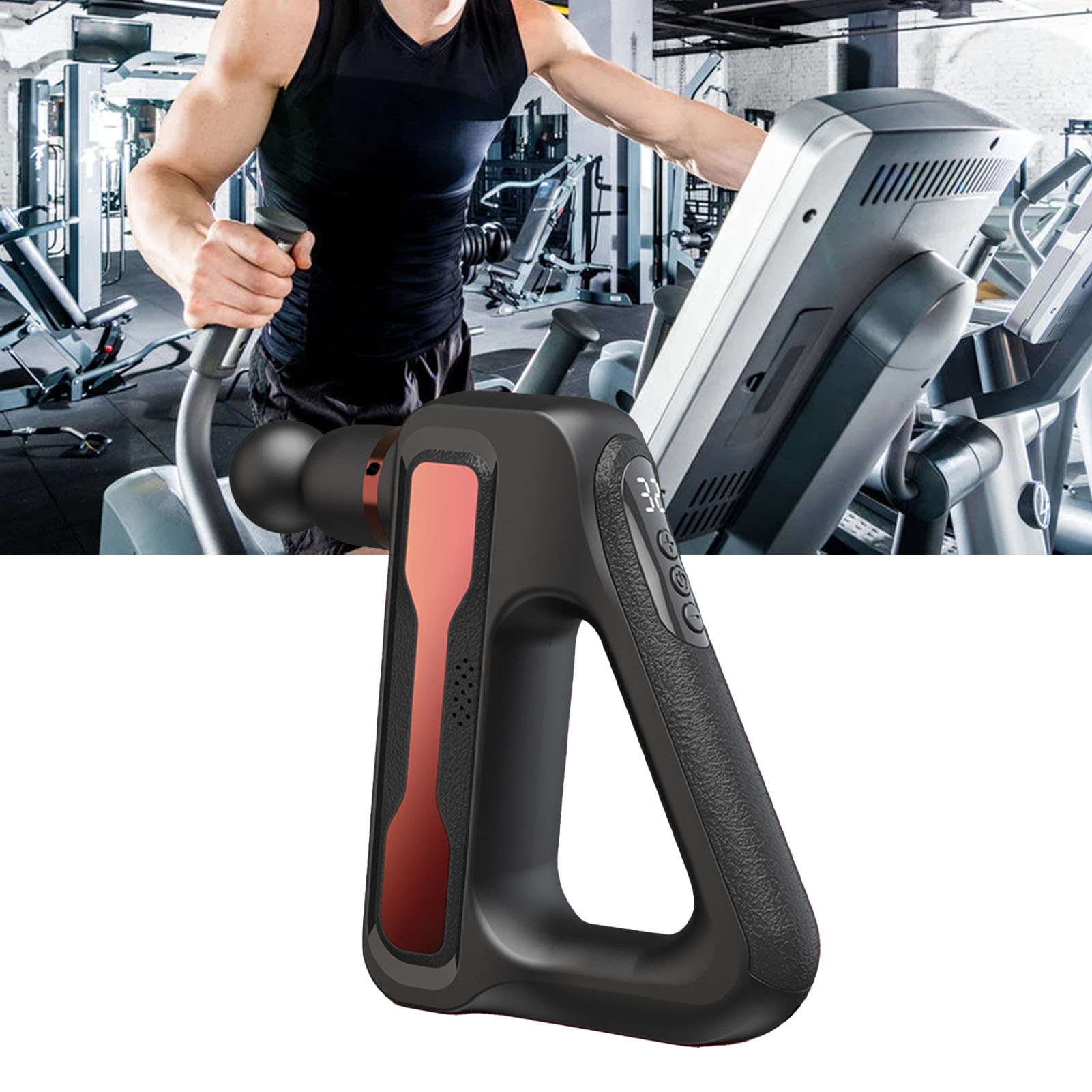 Ein Mann benutzt ein Ellipsentrainingsgerät in einem Fitnessstudio. Eine schwarze Massagepistole befindet sich im Vordergrund.
