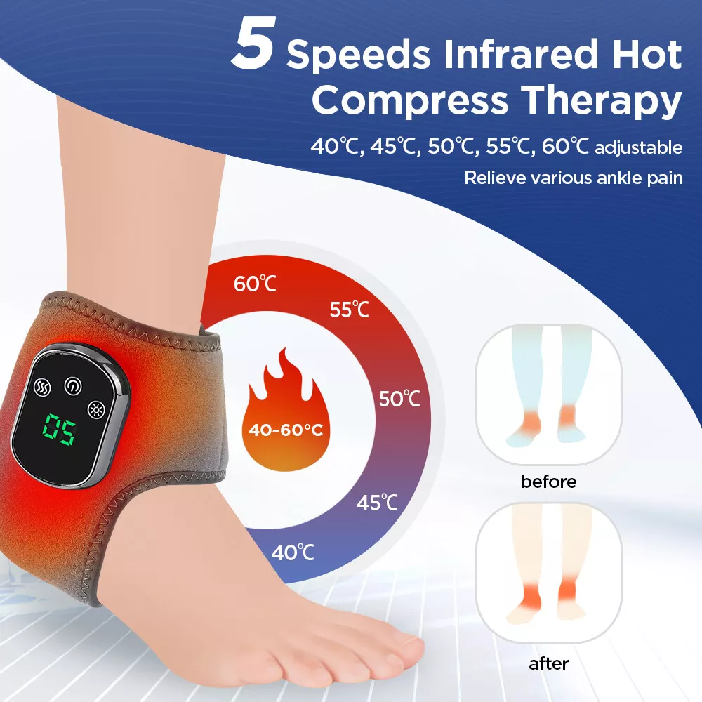 Knöchel-Therapiegerät mit Temperatureinstellungen, Digitalanzeige und Diagramm zur Schmerzlinderung.