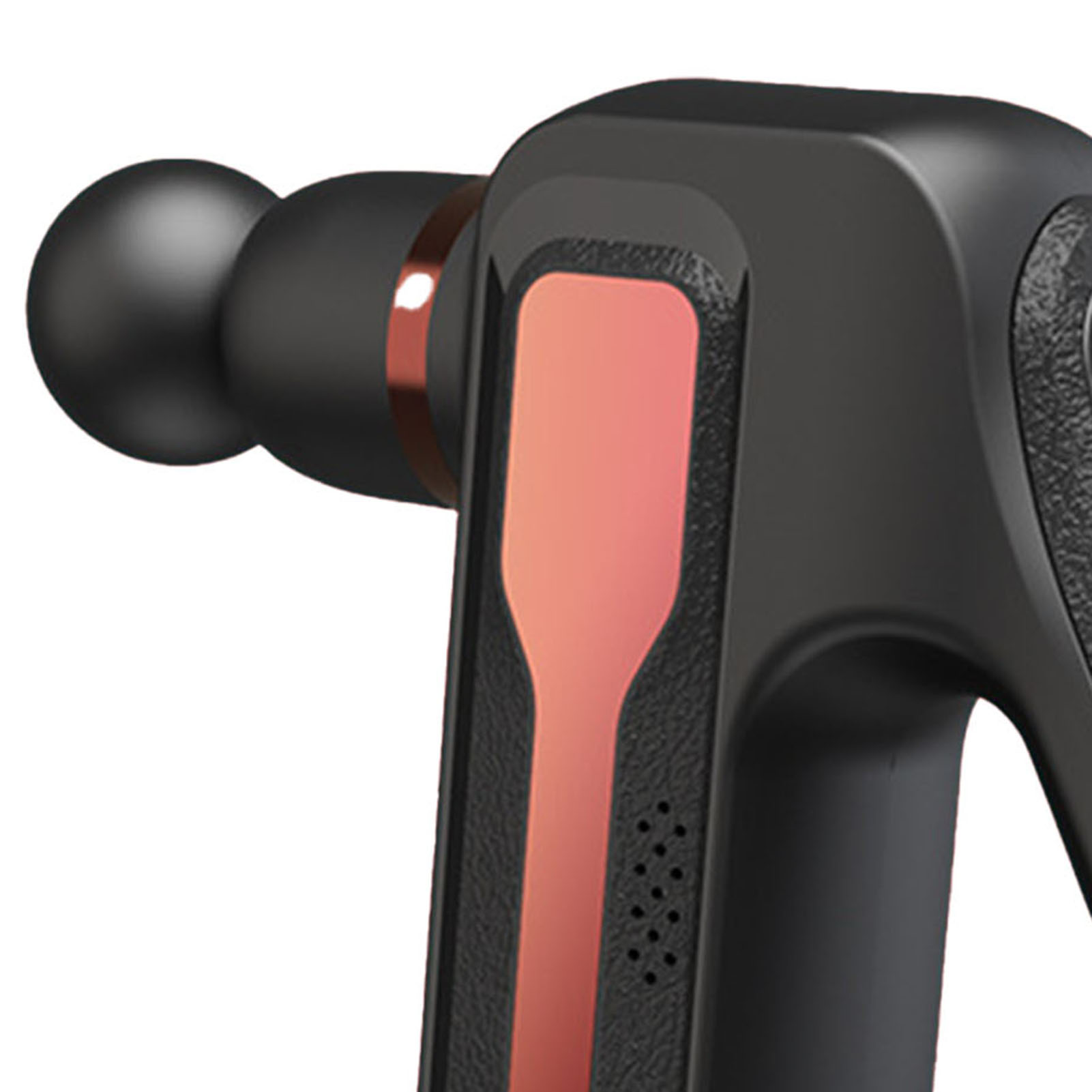 Schwarze Massagepistole mit einem rot-orangen Pad. Der Kopf ist eine schwarze Kugel. Der Griff ist schwarz mit orangefarbenen Akzenten.
