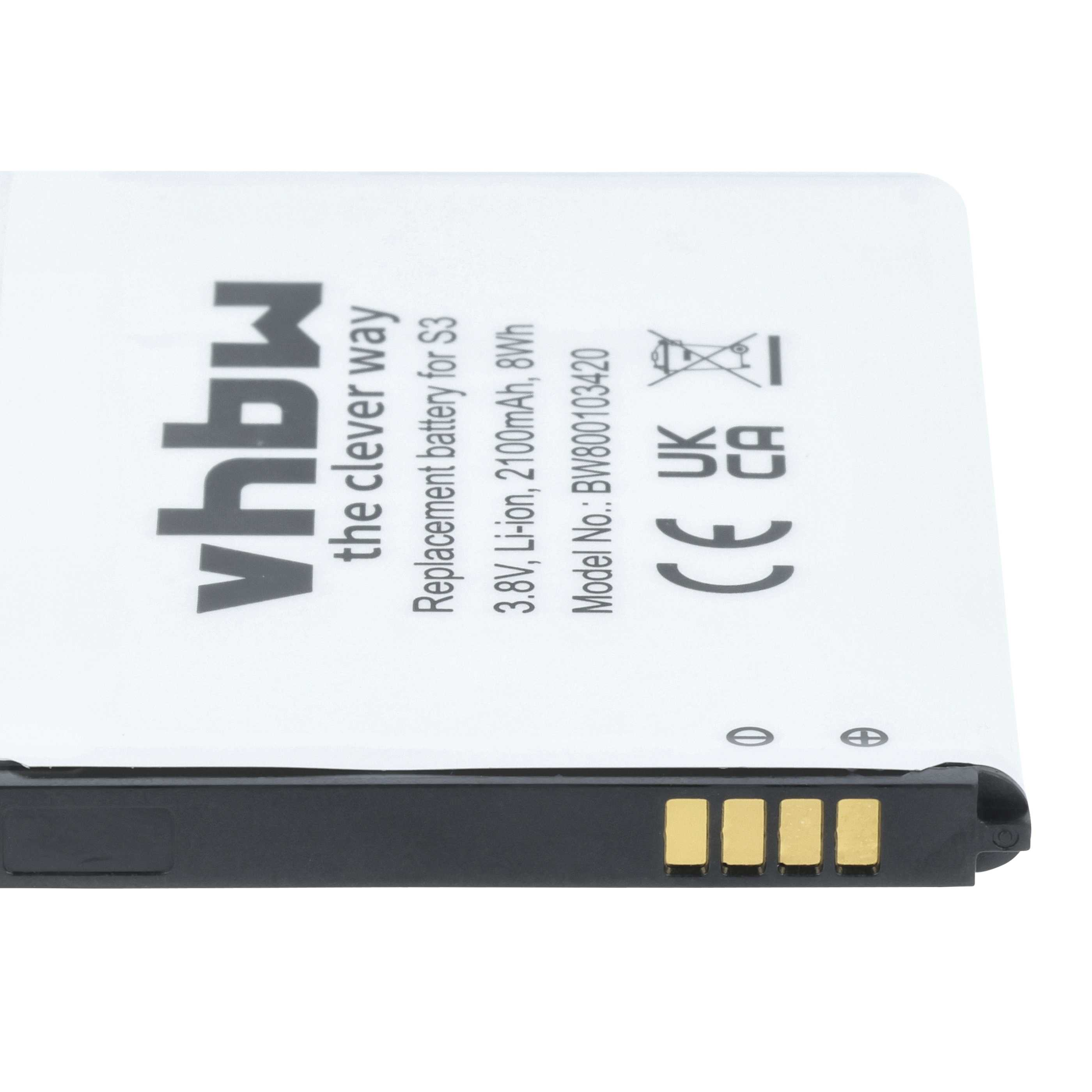 Ein weiß-schwarzer Akku mit Text. Es steht 'vhbw' und 'Ersatzbatterie für S3'.