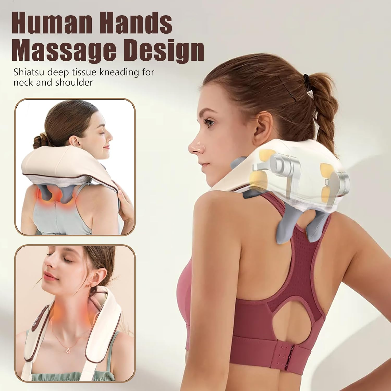 Frau benutzt ein Nackenmassagegerät. Das Bild zeigt das Gerät an ihrem Hals und zwei inset Bilder der Anwendung.
