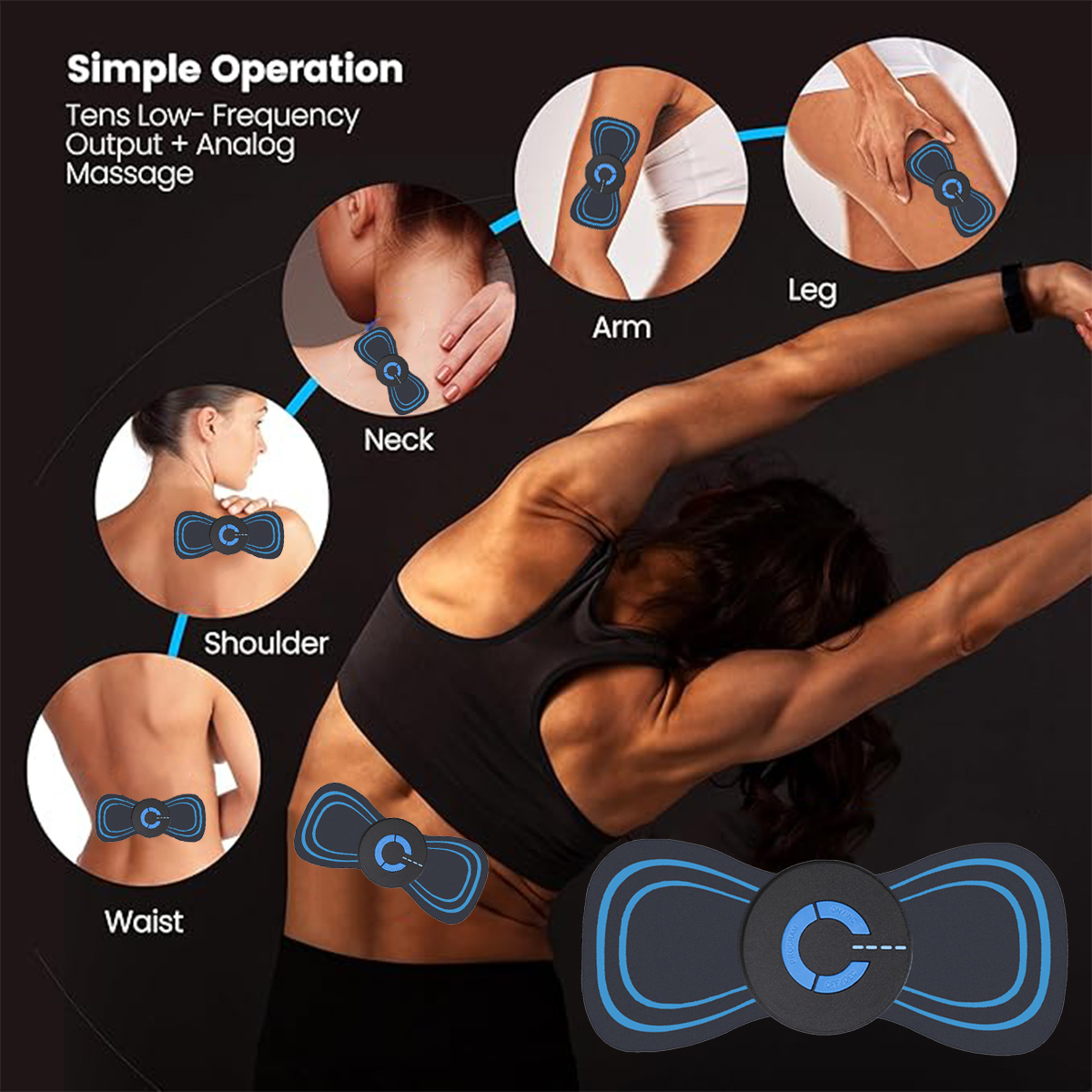 Das Bild zeigt eine Frau, die ein TENS-Gerät an ihrem Rücken verwendet. Diagramme zeigen die Verwendung an Arm, Hals, Schulter, Bein und Taille.