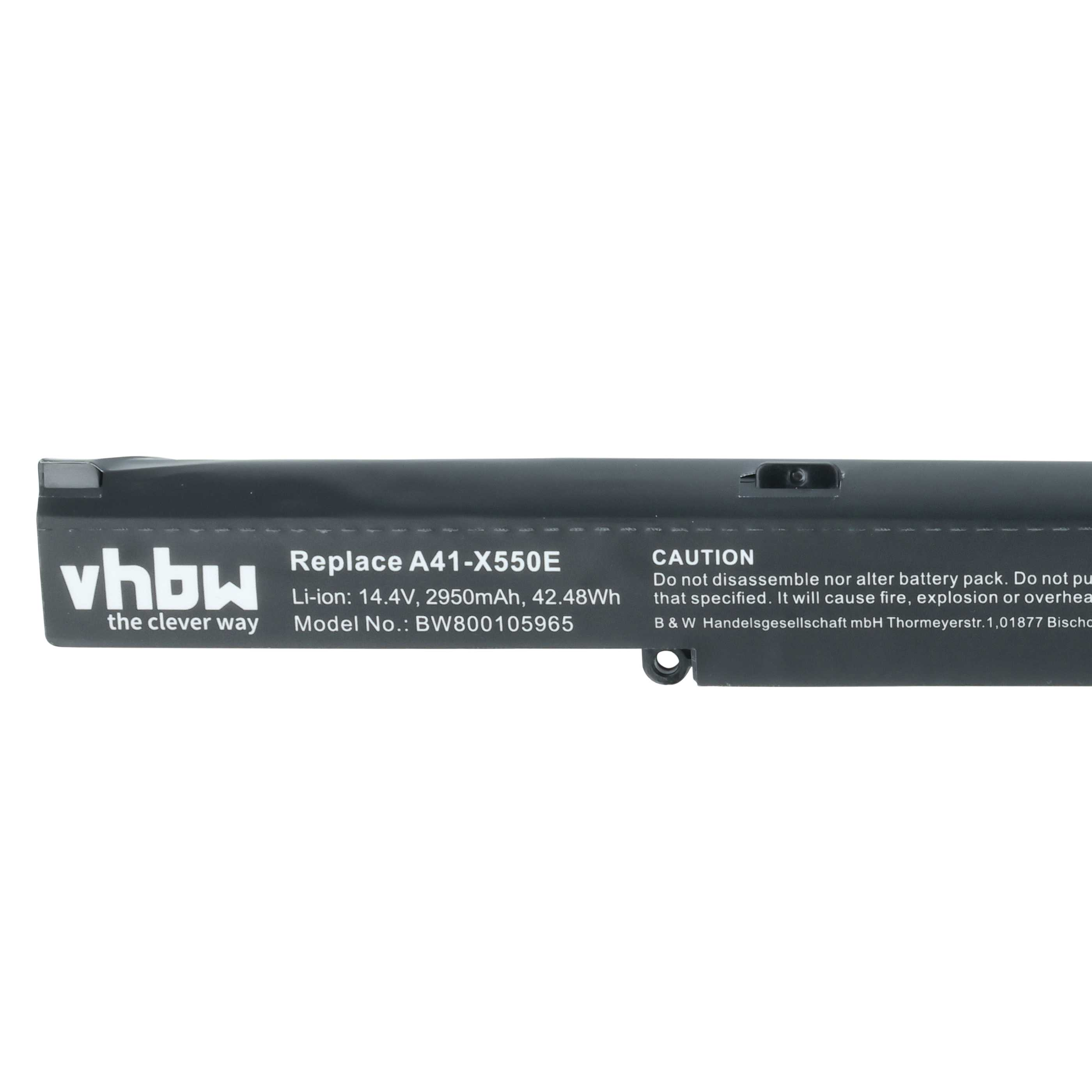 Ein dunkelgrauer Laptop-Akku mit Text. Das vhbw-Logo und Produktdetails sind auf dem Etikett zu sehen.