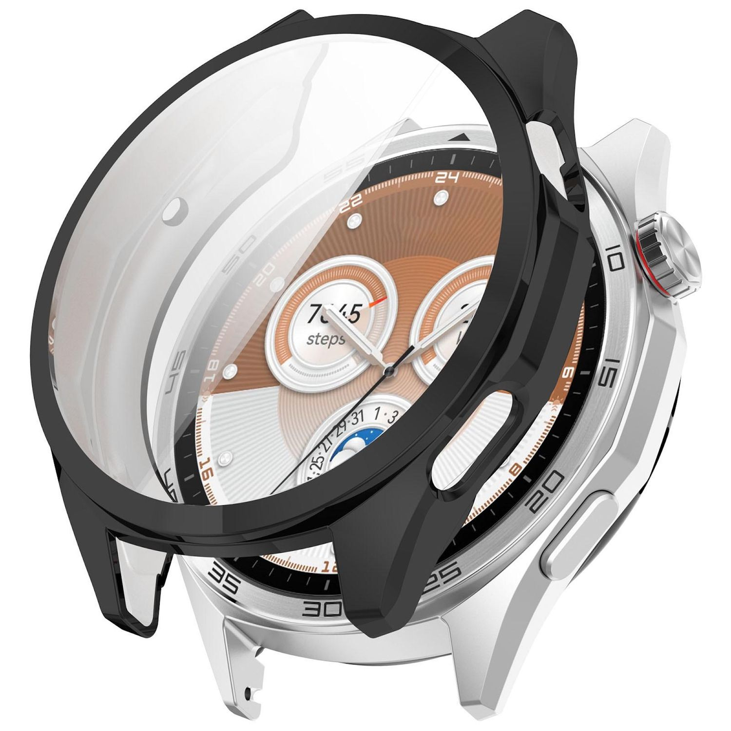 Eine Smartwatch mit schwarzem Schutzgehäuse. Das Zifferblatt zeigt Zeit und Schrittzahl mit silbernem und braunem Design.