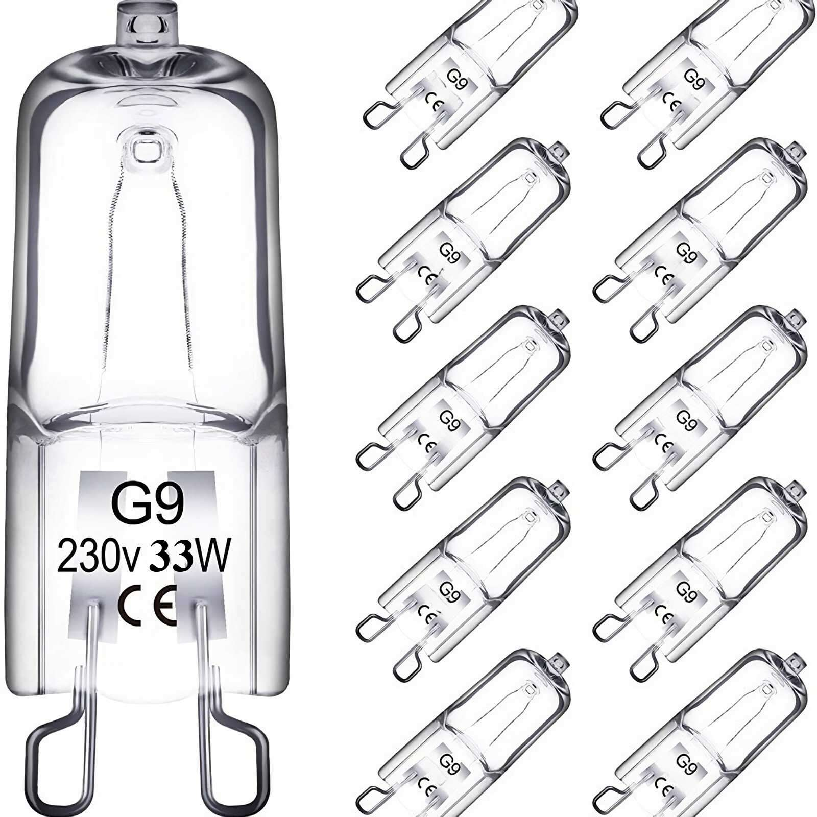 Eine klare G9 230V 33W Glühbirne mit Etikett und mehrere ähnliche Glühbirnen im Hintergrund.