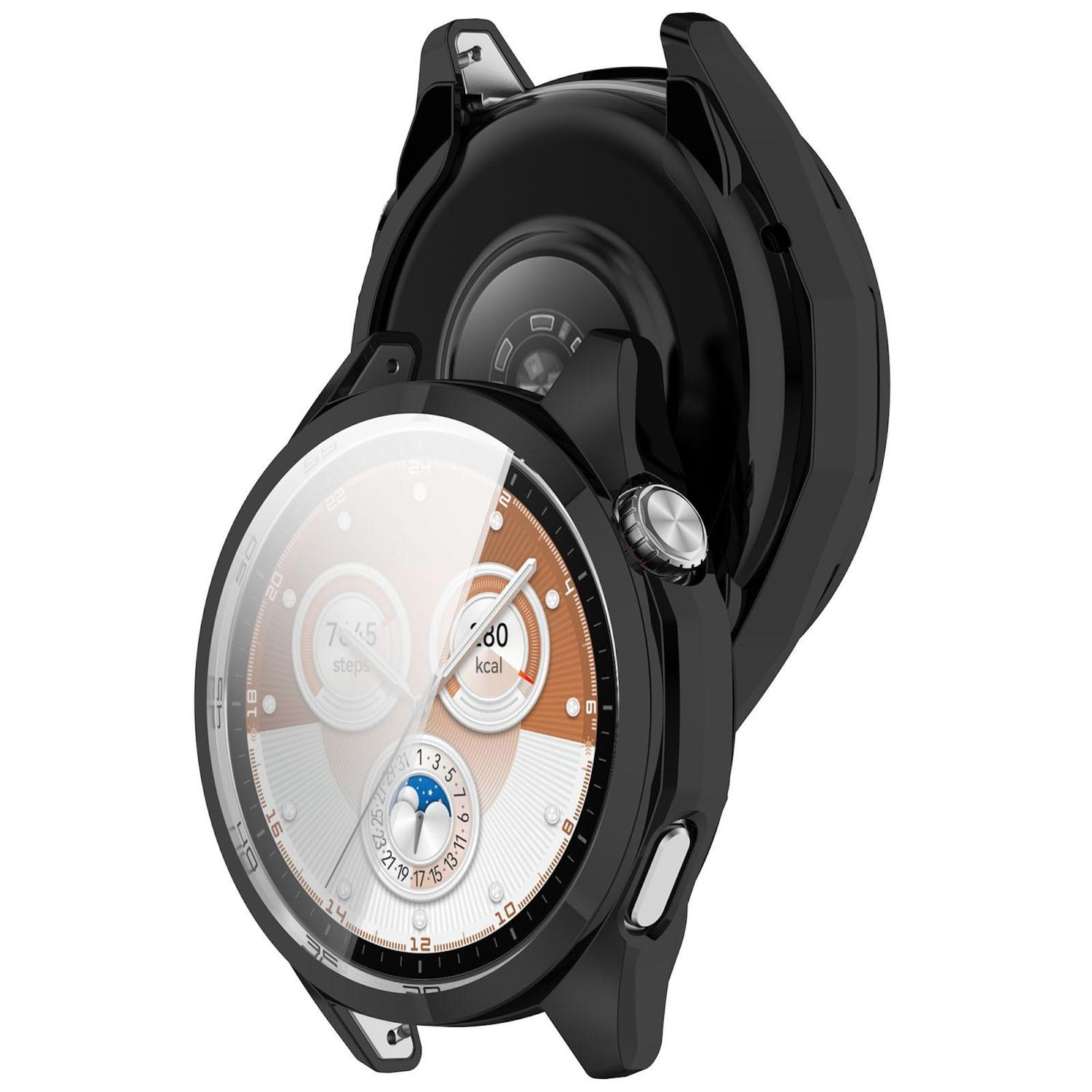 Eine schwarze Smartwatch mit einem Bildschirm, der Schritte und Kalorien anzeigt, teilweise in einem schwarzen Schutzgehäuse auf weißem Hintergrund.