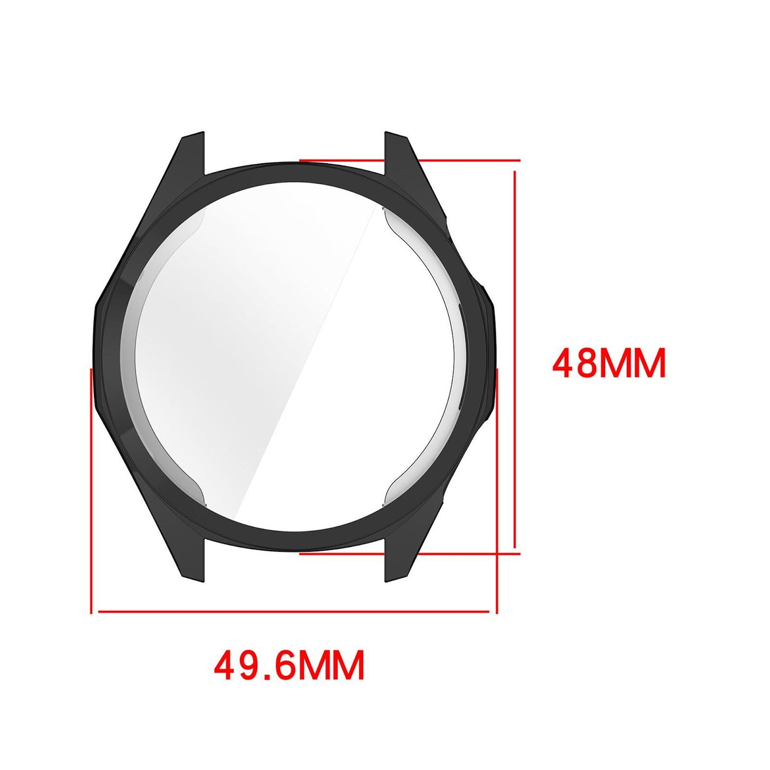 Schwarze Uhrenlünette mit klarem Zentrum. Abmessungen sind 49,6 mm breit und 48 mm hoch. Weißer Hintergrund.