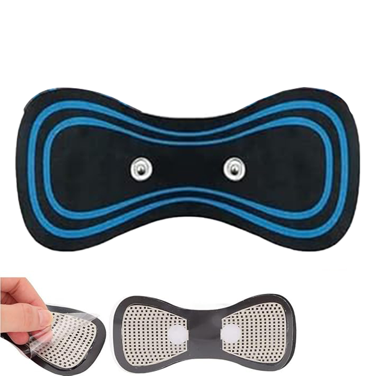 Ein schwarz-blaues Pad mit zwei silbernen Knöpfen. Zwei weitere Pads darunter, eines mit einer Hand, die eine Schicht abzieht.