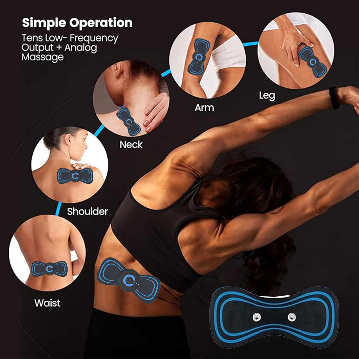 Das Bild zeigt die Verwendung eines TENS-Massagegeräts. Diagramme zeigen die Anwendung an Nacken, Schulter, Taille, Arm und Bein. Eine Frau dehnt sich im Hintergrund.