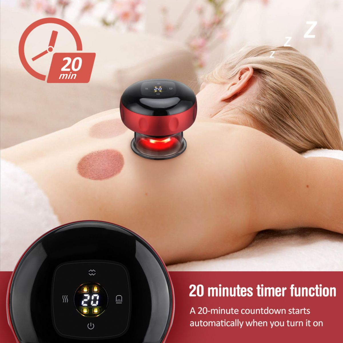 Eine Person erhält eine Schröpftherapie. Ein Gerät befindet sich auf ihrem Rücken. Ein Timer zeigt 20 Minuten an.