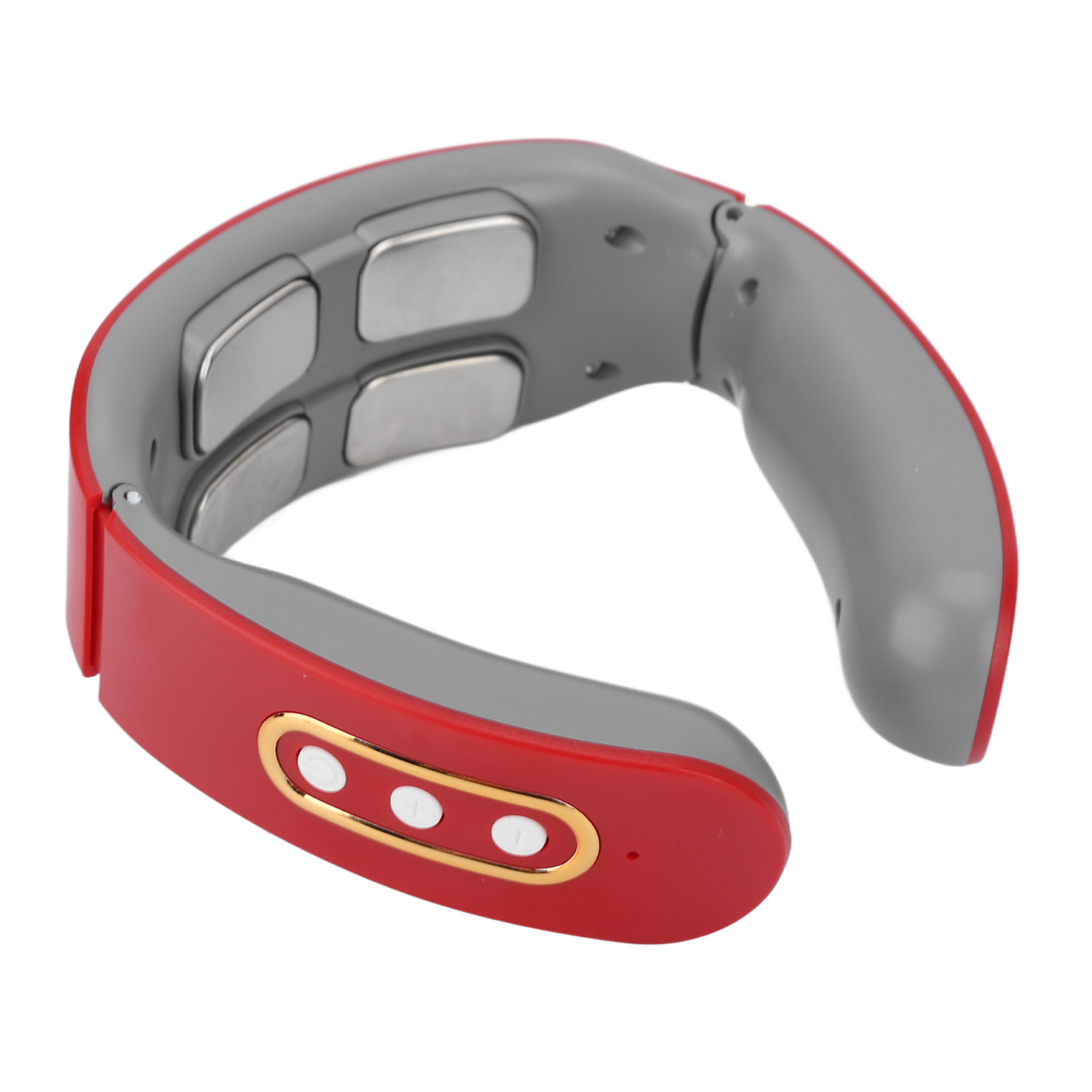 Ein rotes und graues Nackenmassagegerät auf weißem Hintergrund. Es hat Knöpfe und Metallpads. Das Design ist ergonomisch.
