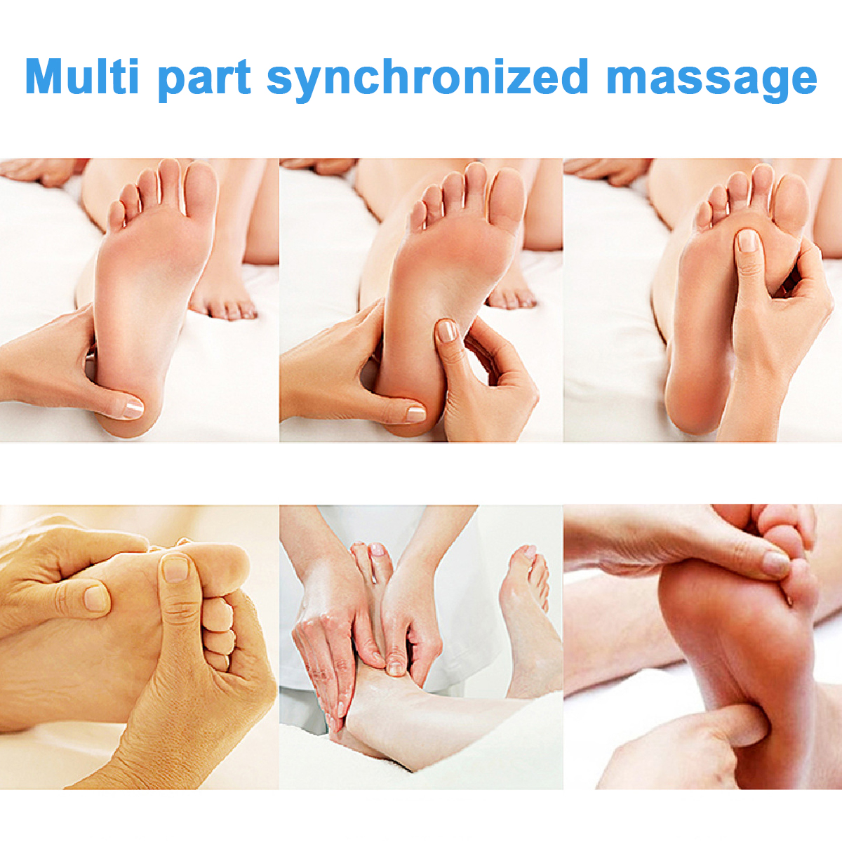 Collage von Fußmassagebildern. Hände massieren verschiedene Teile der Füße auf weißem Hintergrund. Der Fokus liegt auf dem Fuß.